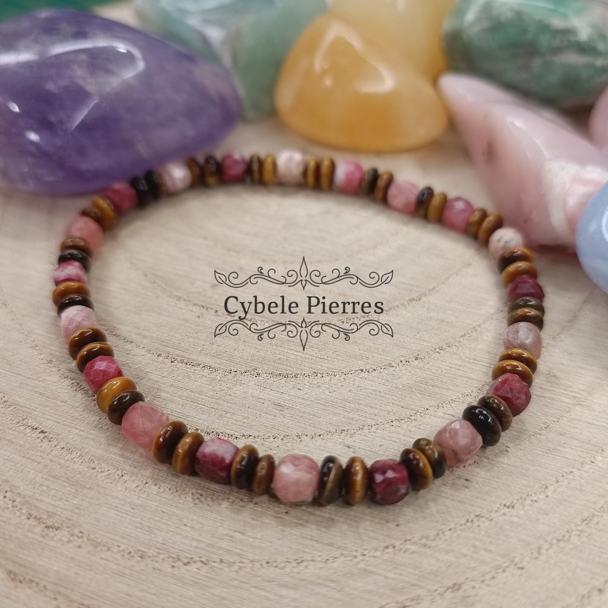 Bracelet Epanouissant - Thulite, Rhodochrosite et Oeil de tigre (2 et 4mm) - 17cm - Cybele Pierres