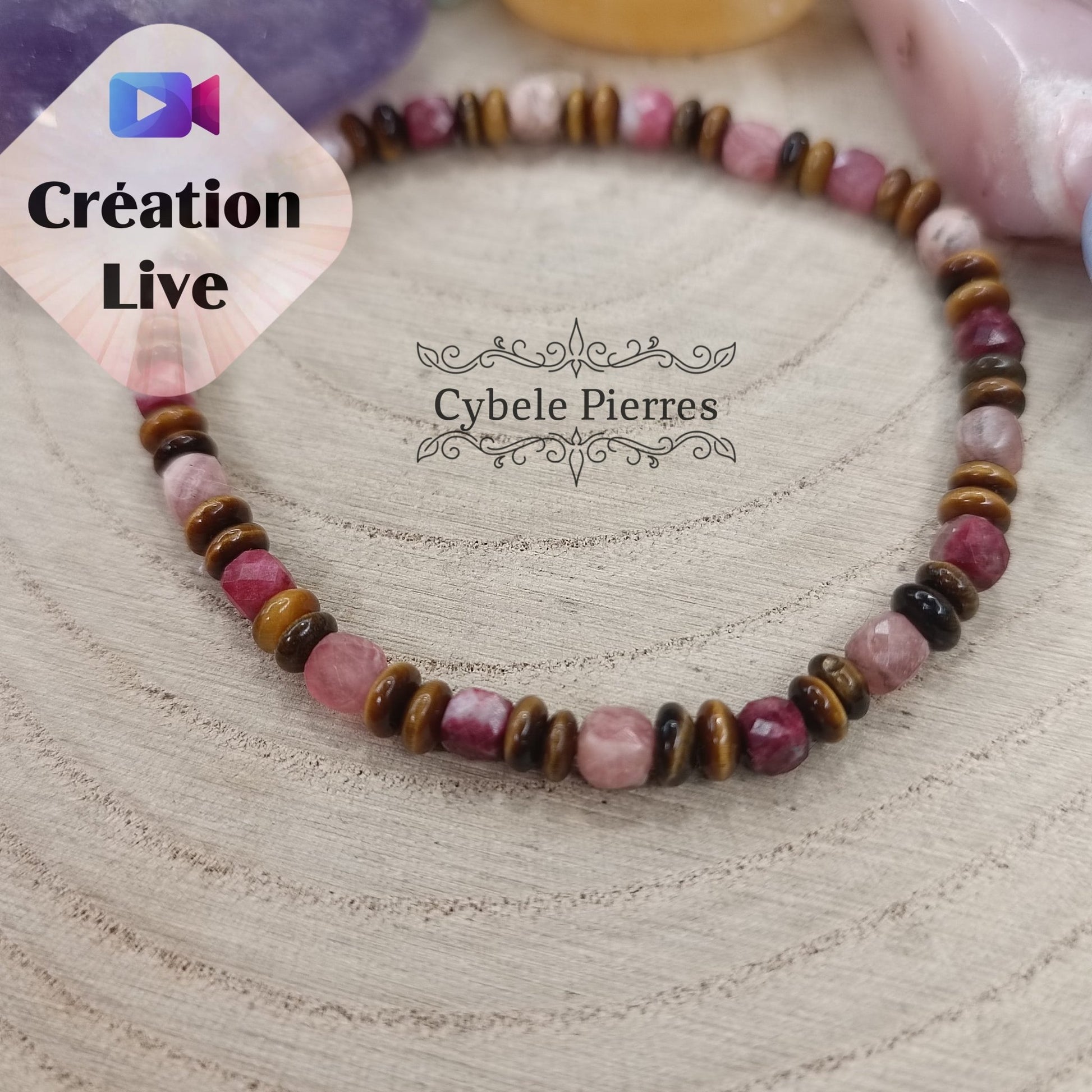 Bracelet Epanouissant - Thulite, Rhodochrosite et Oeil de tigre (2 et 4mm) - 17cm - Cybele Pierres