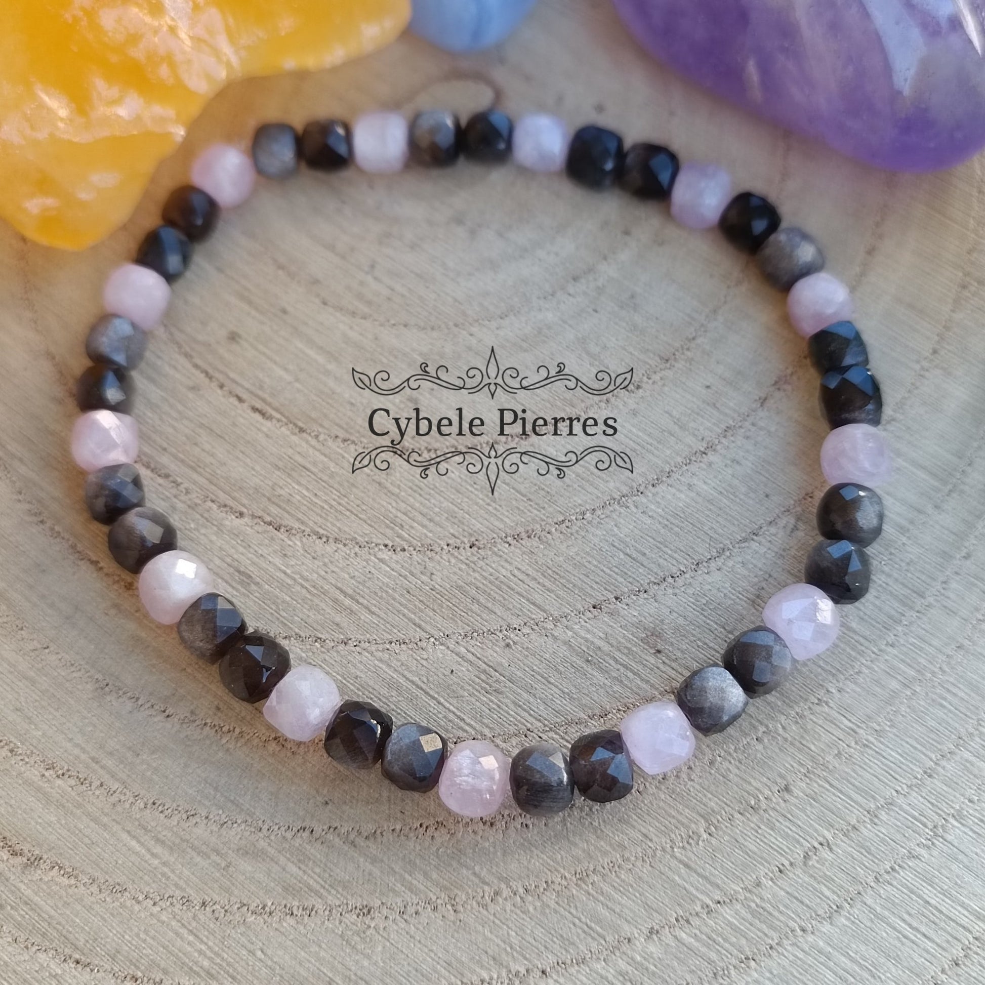 Bracelet Epanouissement Intérieure - Kunzite et Obsidienne argenté carré facetté (4mm) - 18cm - Cybele Pierres