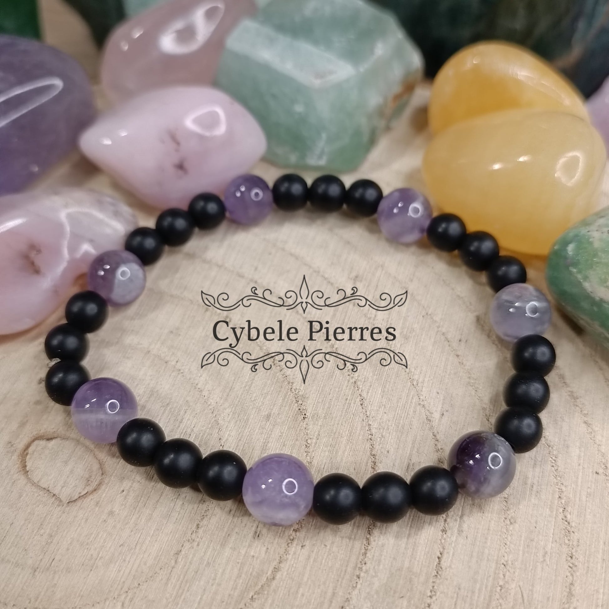 Bracelet Equilibre - Amethyste et Onyx mat (6 et 8 mm) - 17cm - Cybele Pierres