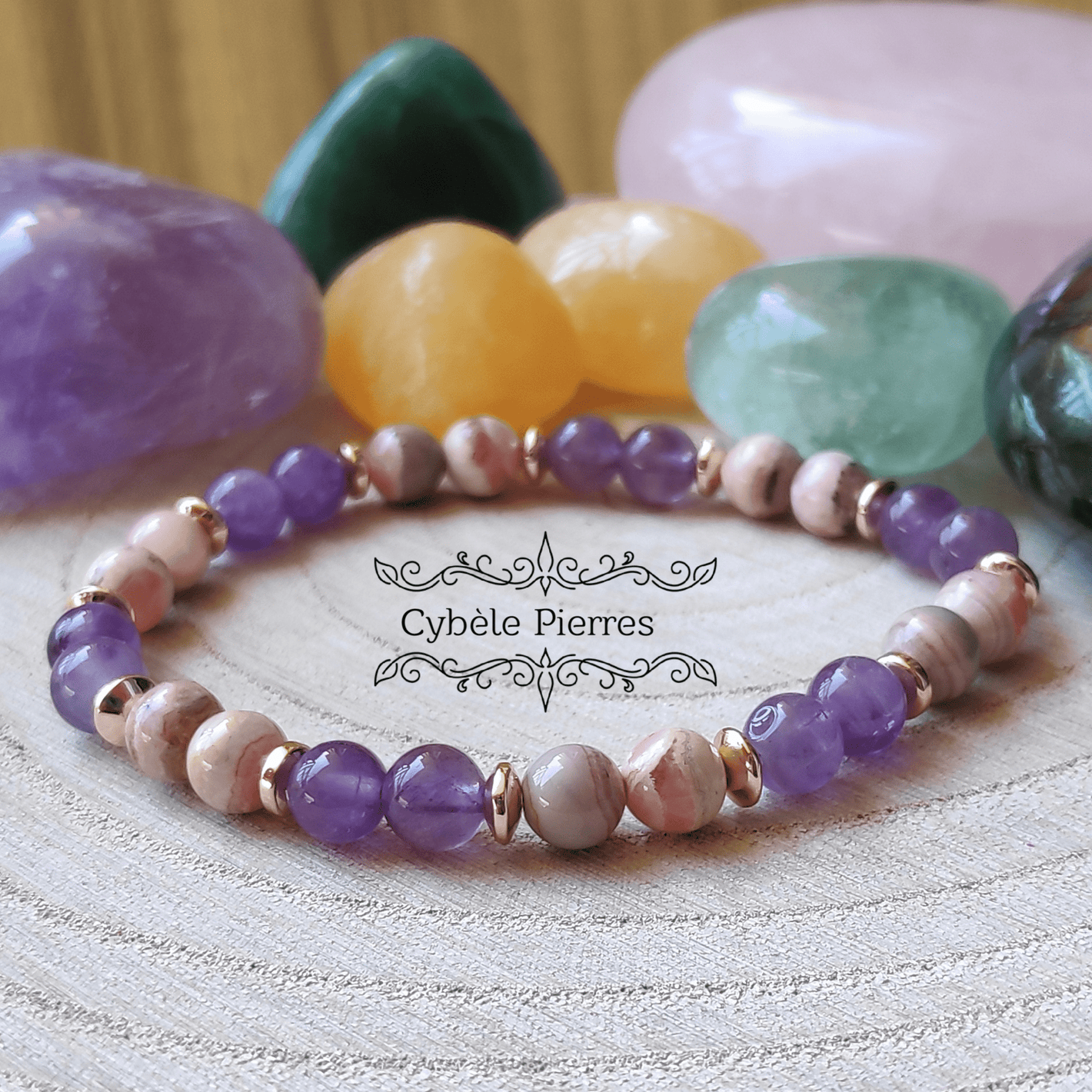 Bracelet Equilibre et Energie - Rhodochrosite et Améthyste (6mm) - 18cm - Cybele Pierres