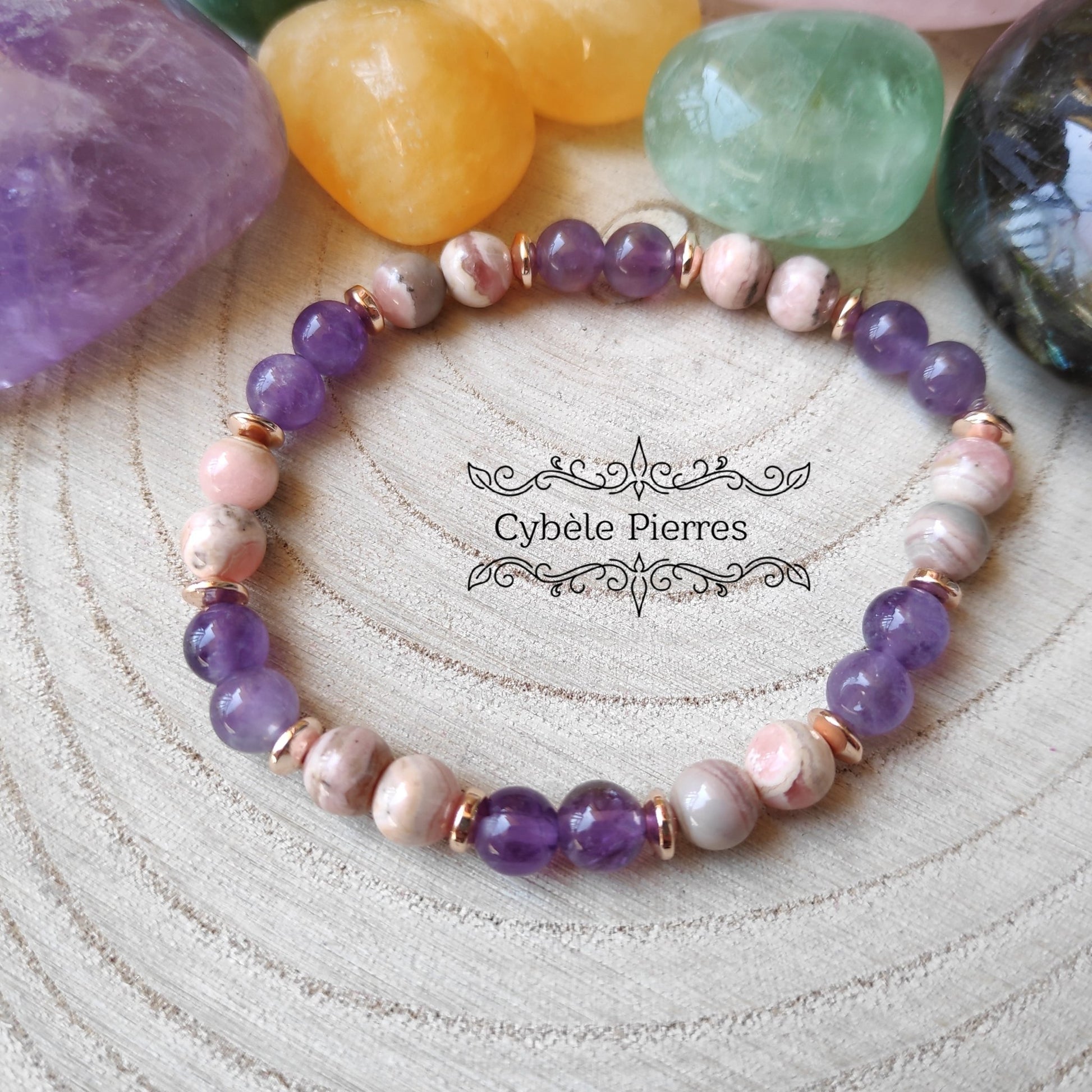 Bracelet Equilibre et Energie - Rhodochrosite et Améthyste (6mm) - 18cm - Cybele Pierres