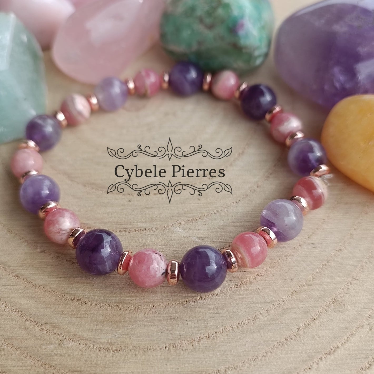 Bracelet Equilibre et Passion - Rhodochrosite et Améthyste (6 et 8mm) - 17cm - Cybele Pierres