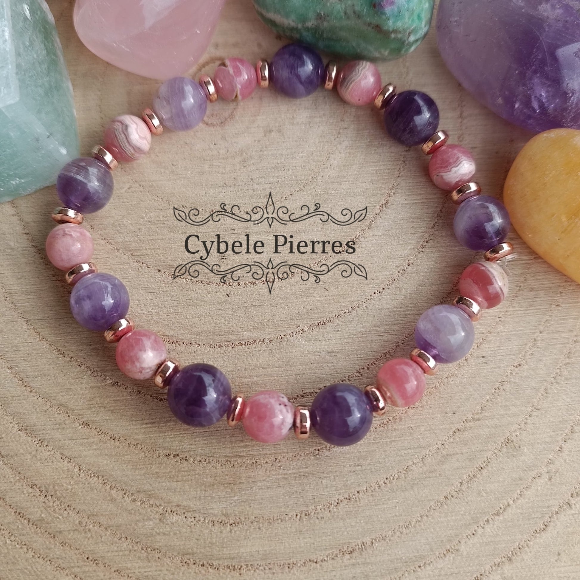 Bracelet Equilibre et Passion - Rhodochrosite et Améthyste (6 et 8mm) - 17cm - Cybele Pierres