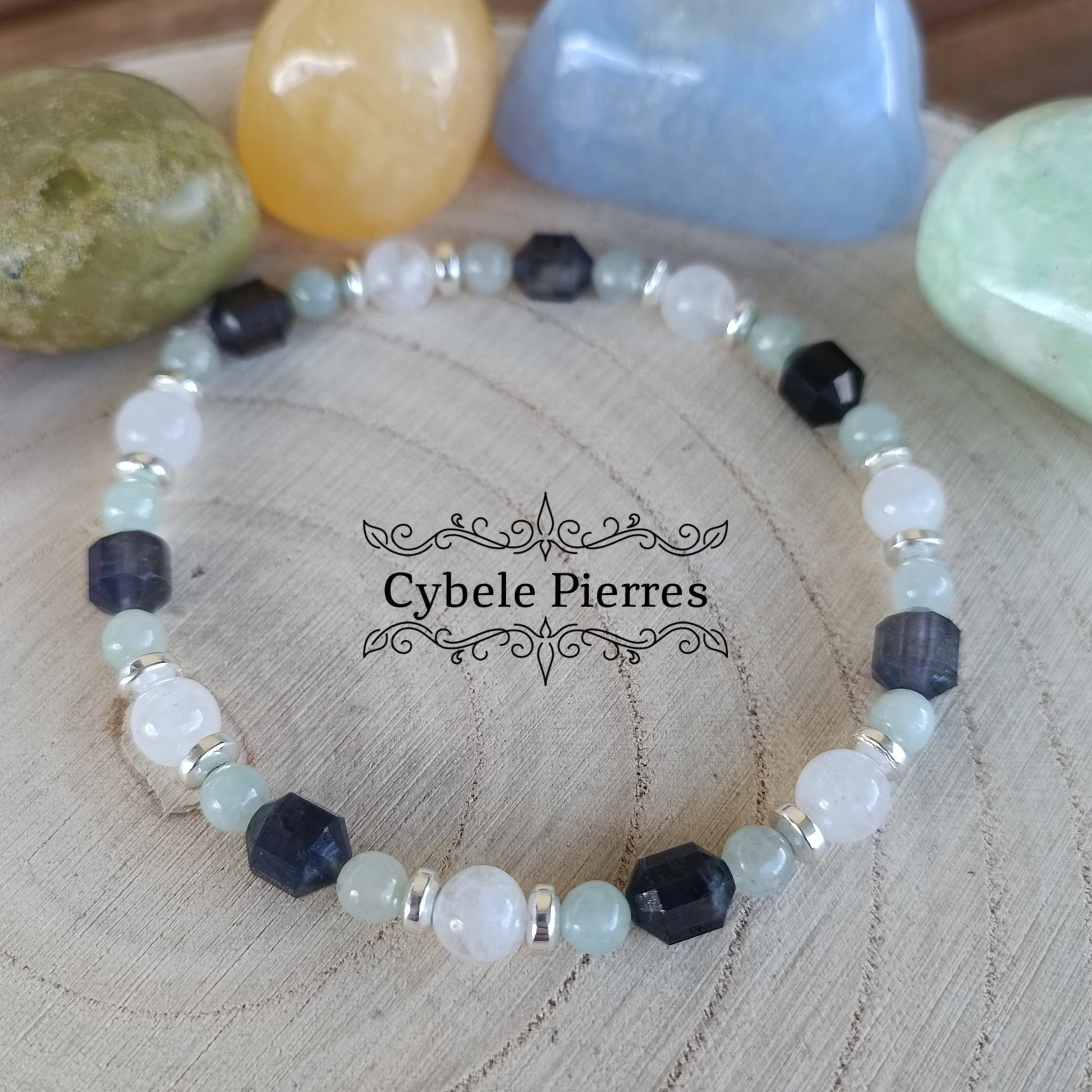 Bracelet Espoir et Relations - Iolite (Cordiérite), Jade verte et Péristérite (Labradorite blanche) - (3mm et 6mm) - 18cm - Cybele Pierres