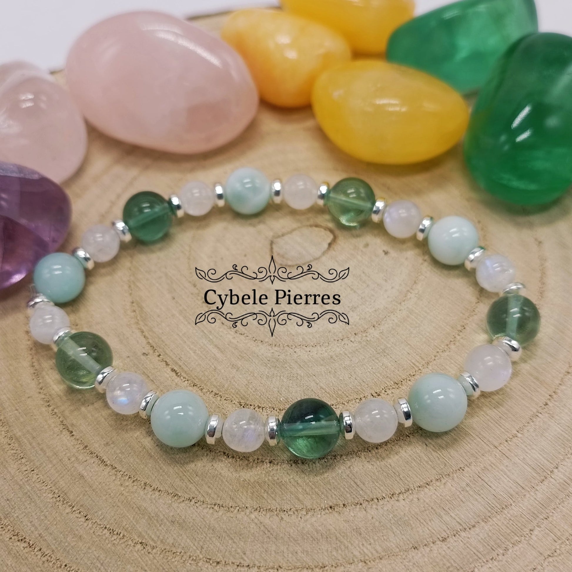Bracelet Evasion - Amazonite verte, Péristérite et Fluorite verte (6 et 8mm) - 18cm - Cybele Pierres