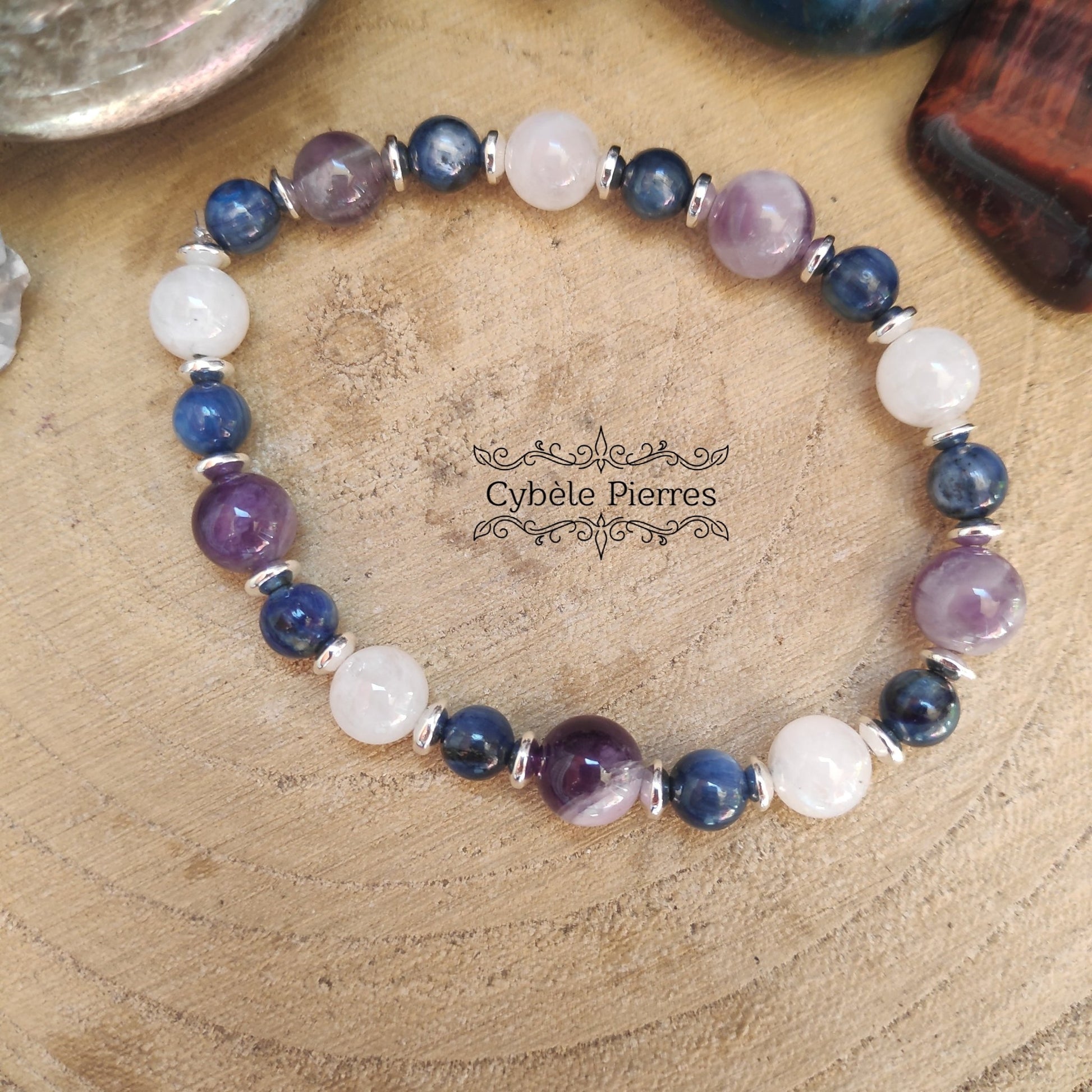 Bracelet Expérience (6mm et 8mm) – 18 cm | Cyanite, Labradorite Blanche et Améthyste | Clarté et Équilibre - Cybele Pierres