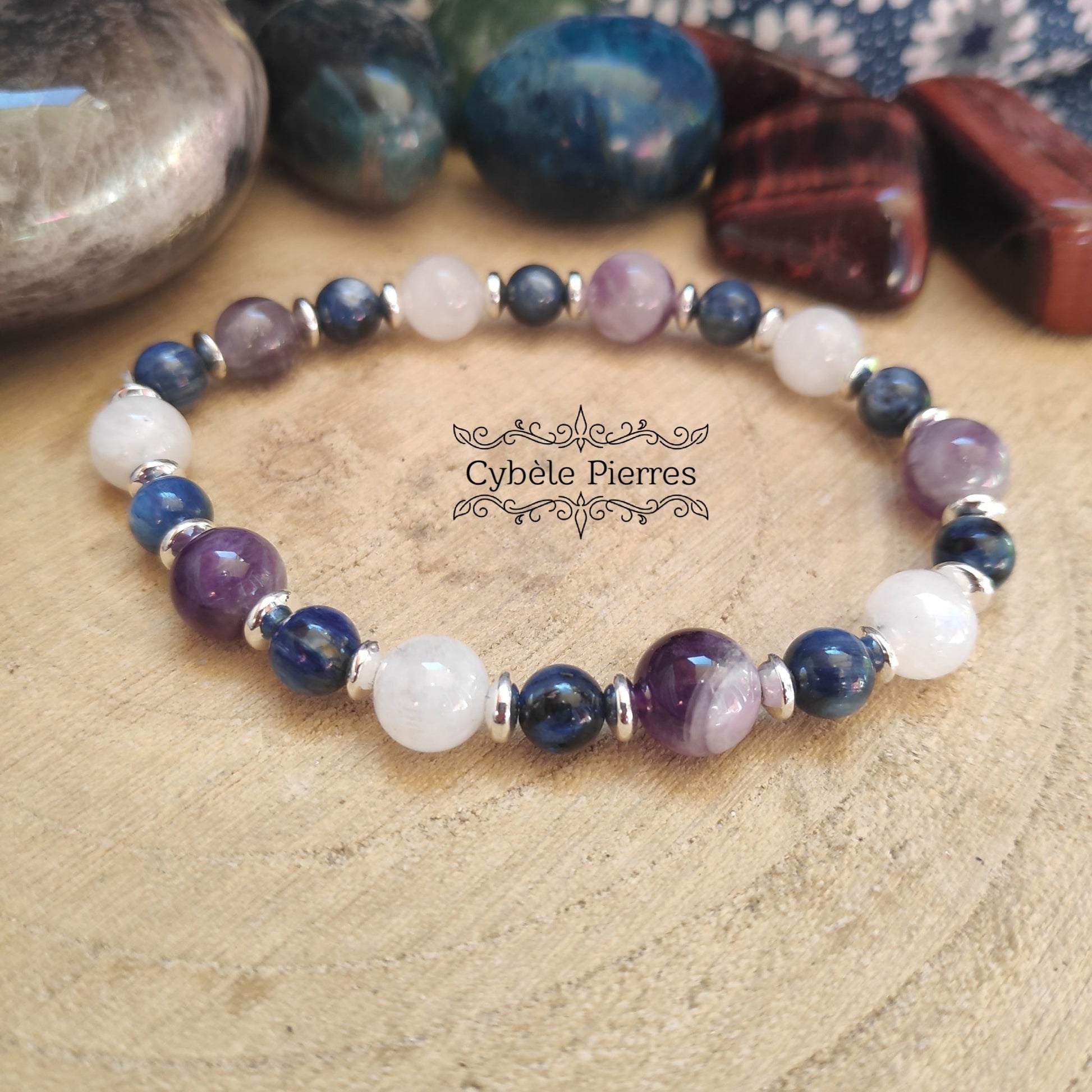 Bracelet Expérience (6mm et 8mm) – 18 cm | Cyanite, Labradorite Blanche et Améthyste | Clarté et Équilibre - Cybele Pierres