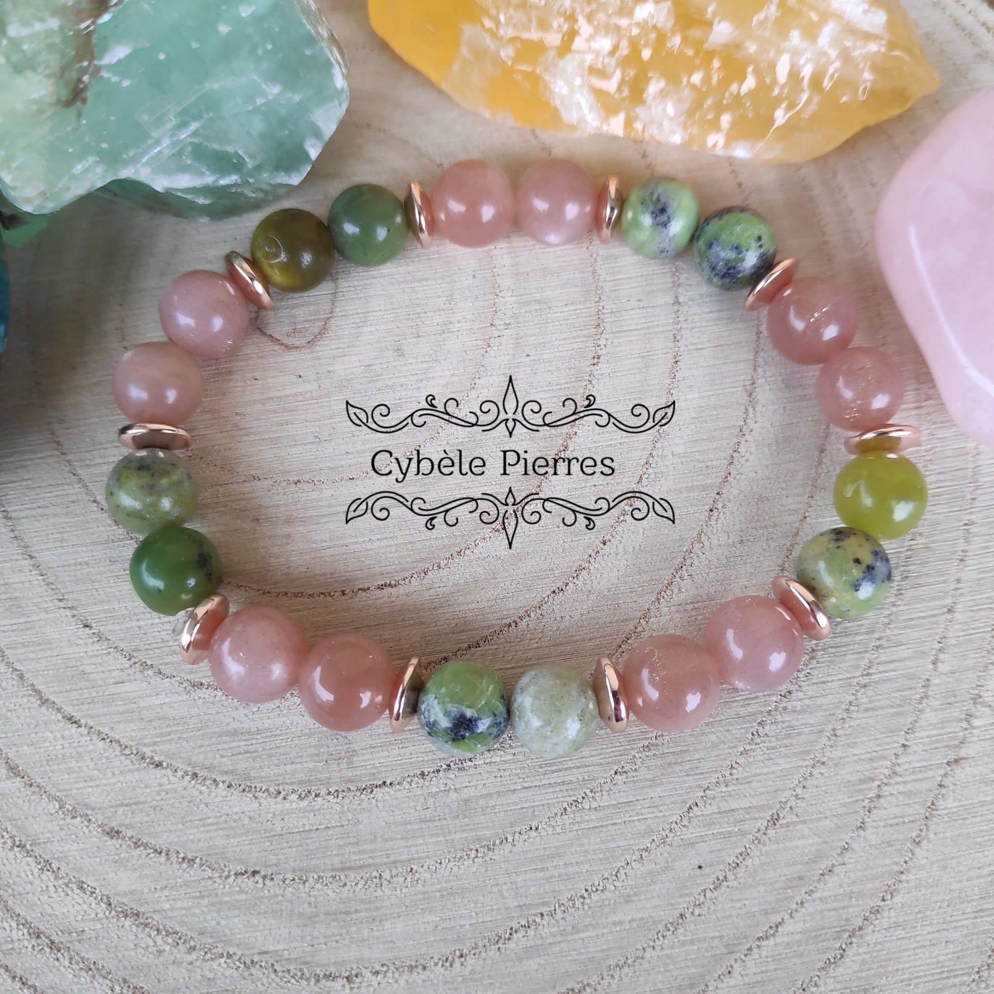 Bracelet Exploration - Pierre de Lune pêche et Variscite (8mm) - 18cm - Cybele Pierres