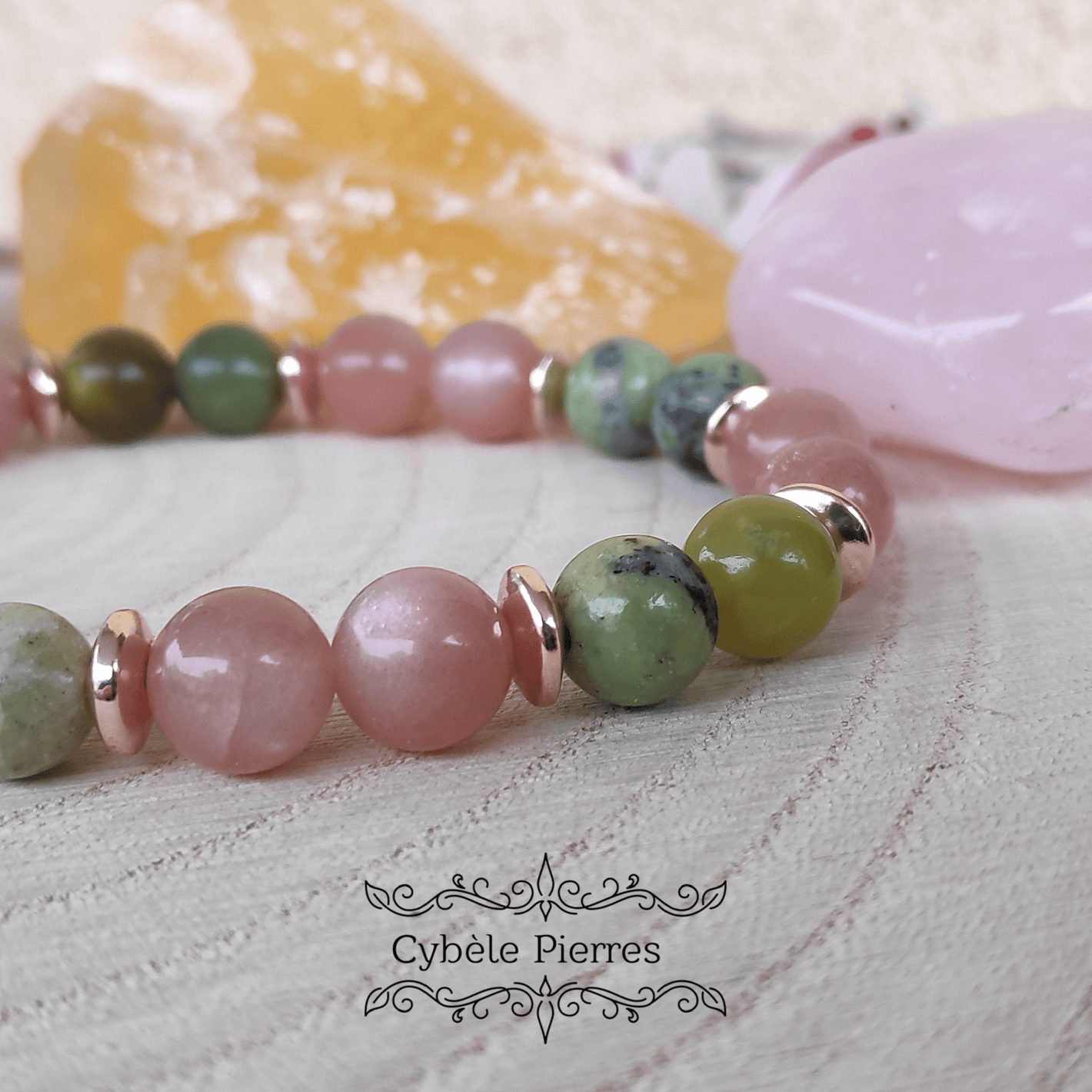 Bracelet Exploration - Pierre de Lune pêche et Variscite (8mm) - 18cm - Cybele Pierres