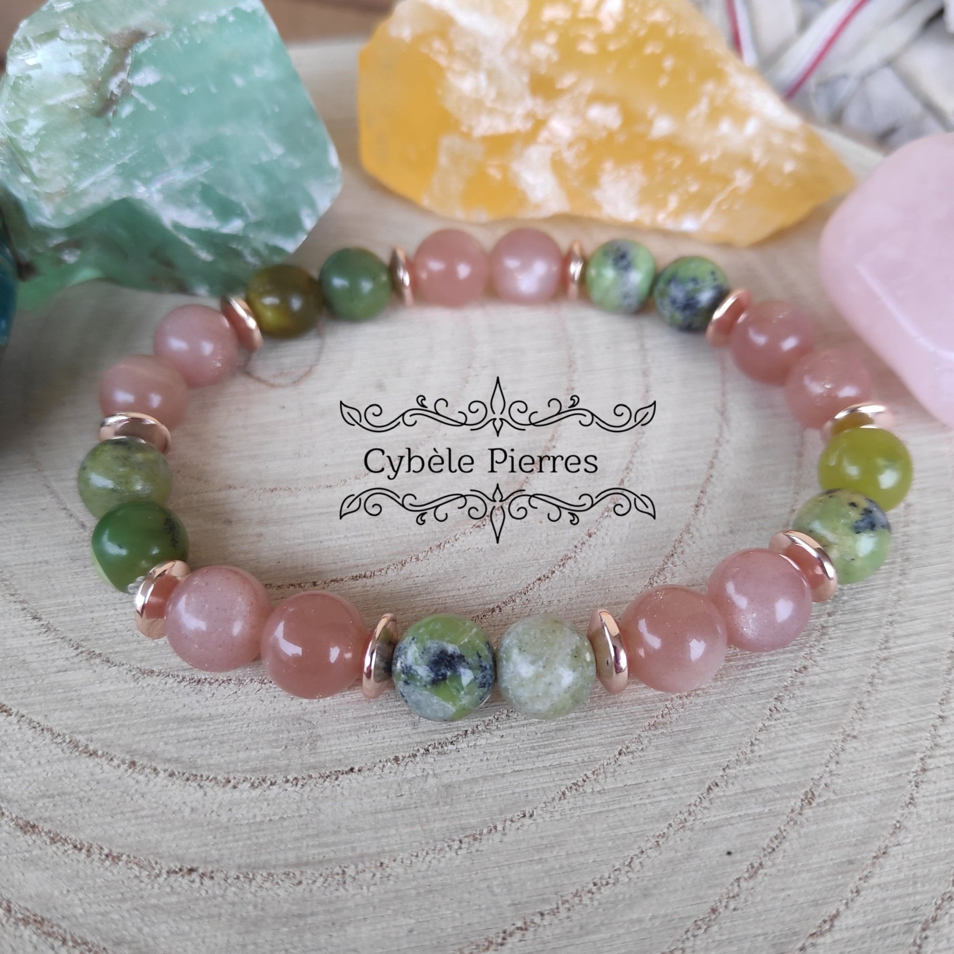 Bracelet Exploration - Pierre de Lune pêche et Variscite (8mm) - 18cm - Cybele Pierres