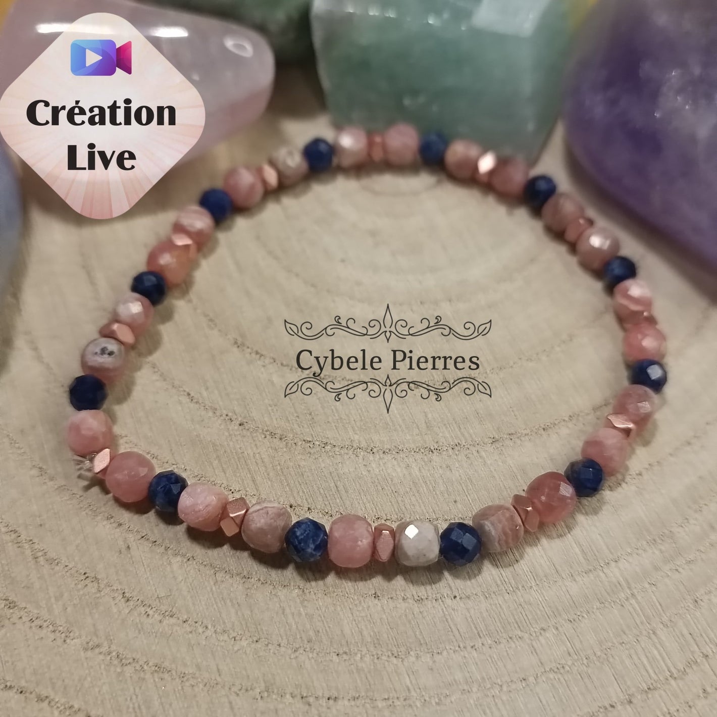 Bracelet Force délicate - Rhodochrosite carrée facetté & Sodalite facettée (3 et 4mm) - 17cm - Cybele Pierres