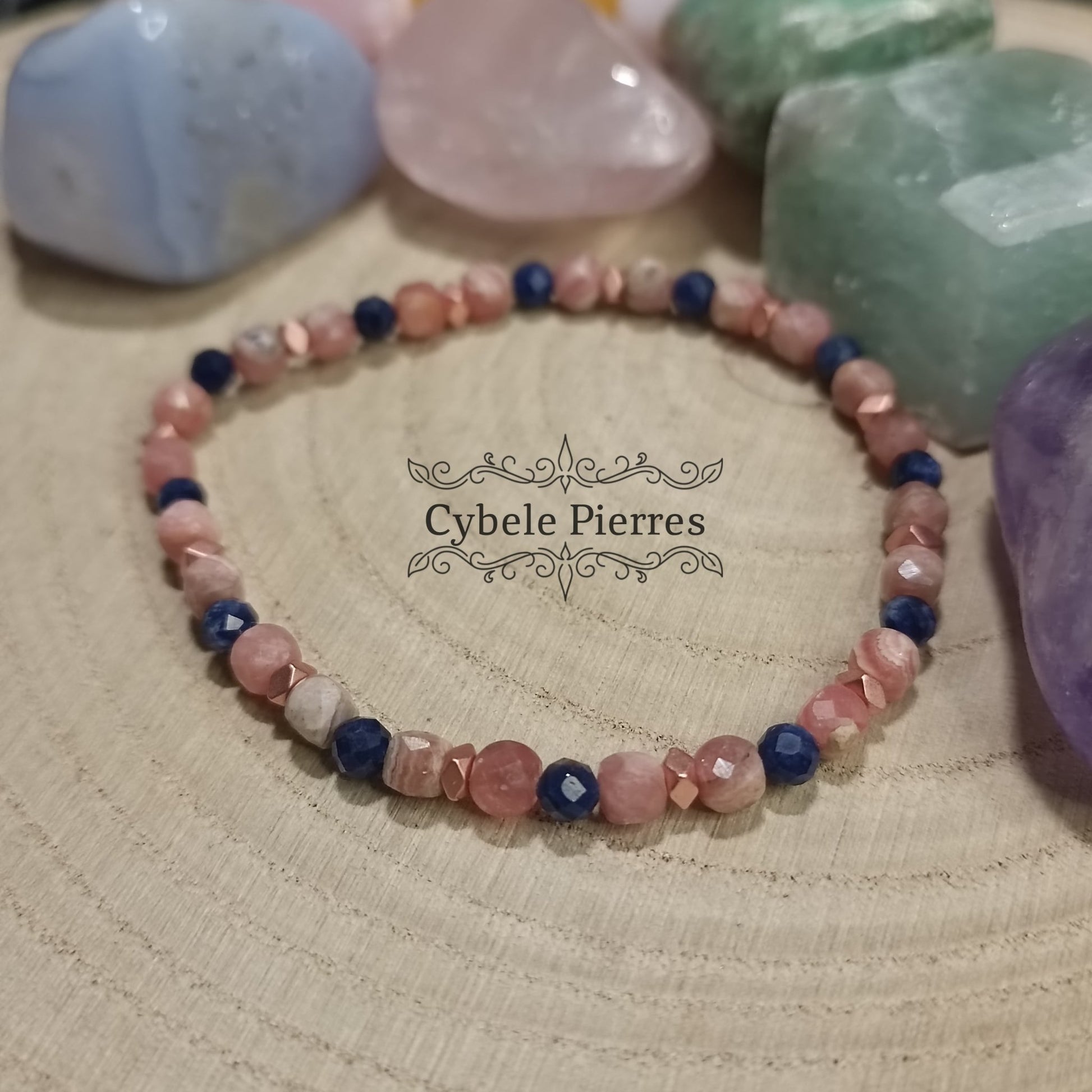Bracelet Force délicate - Rhodochrosite carrée facetté & Sodalite facettée (3 et 4mm) - 17cm - Cybele Pierres