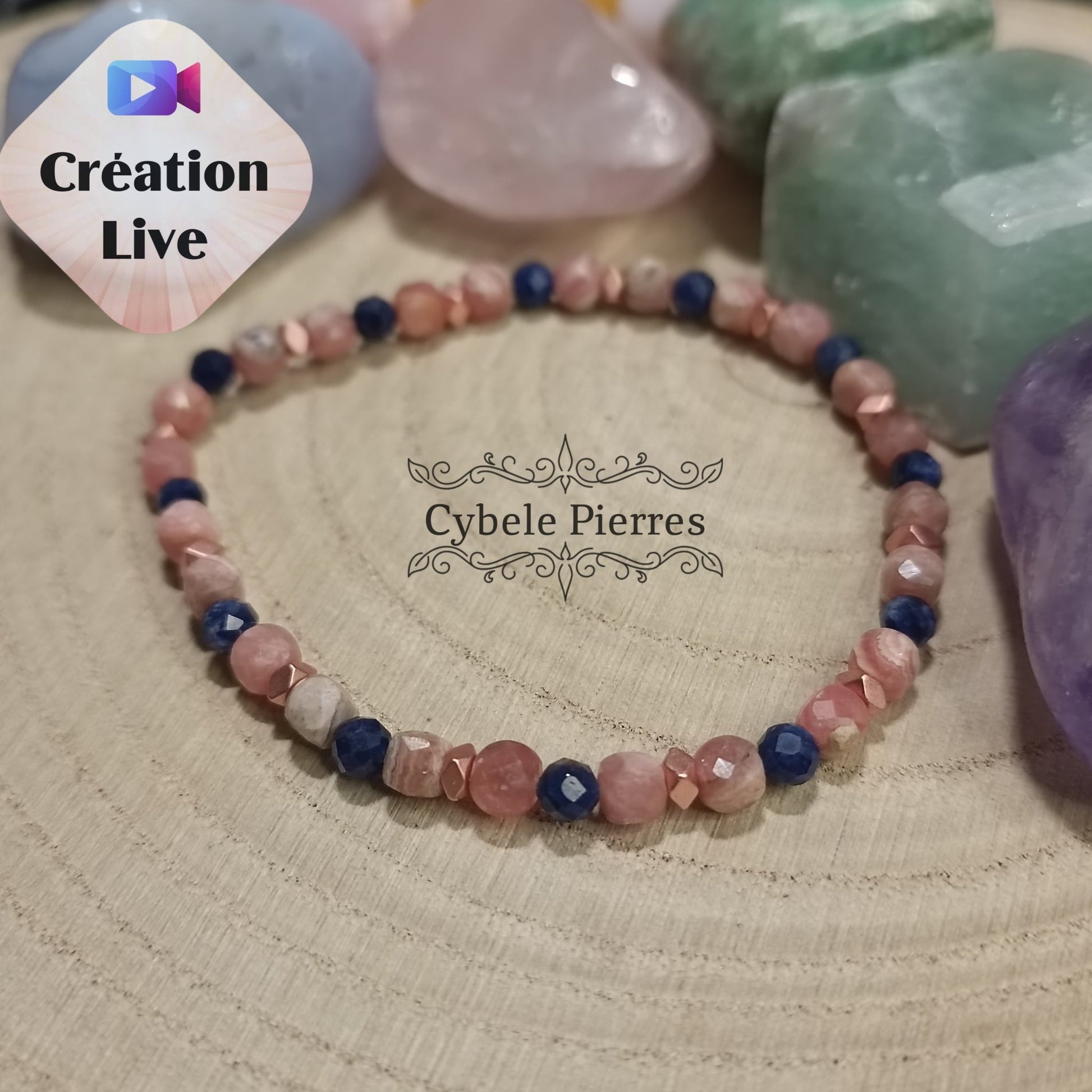 Bracelet Force délicate - Rhodochrosite carrée facetté & Sodalite facettée (3 et 4mm) - 17cm - Cybele Pierres