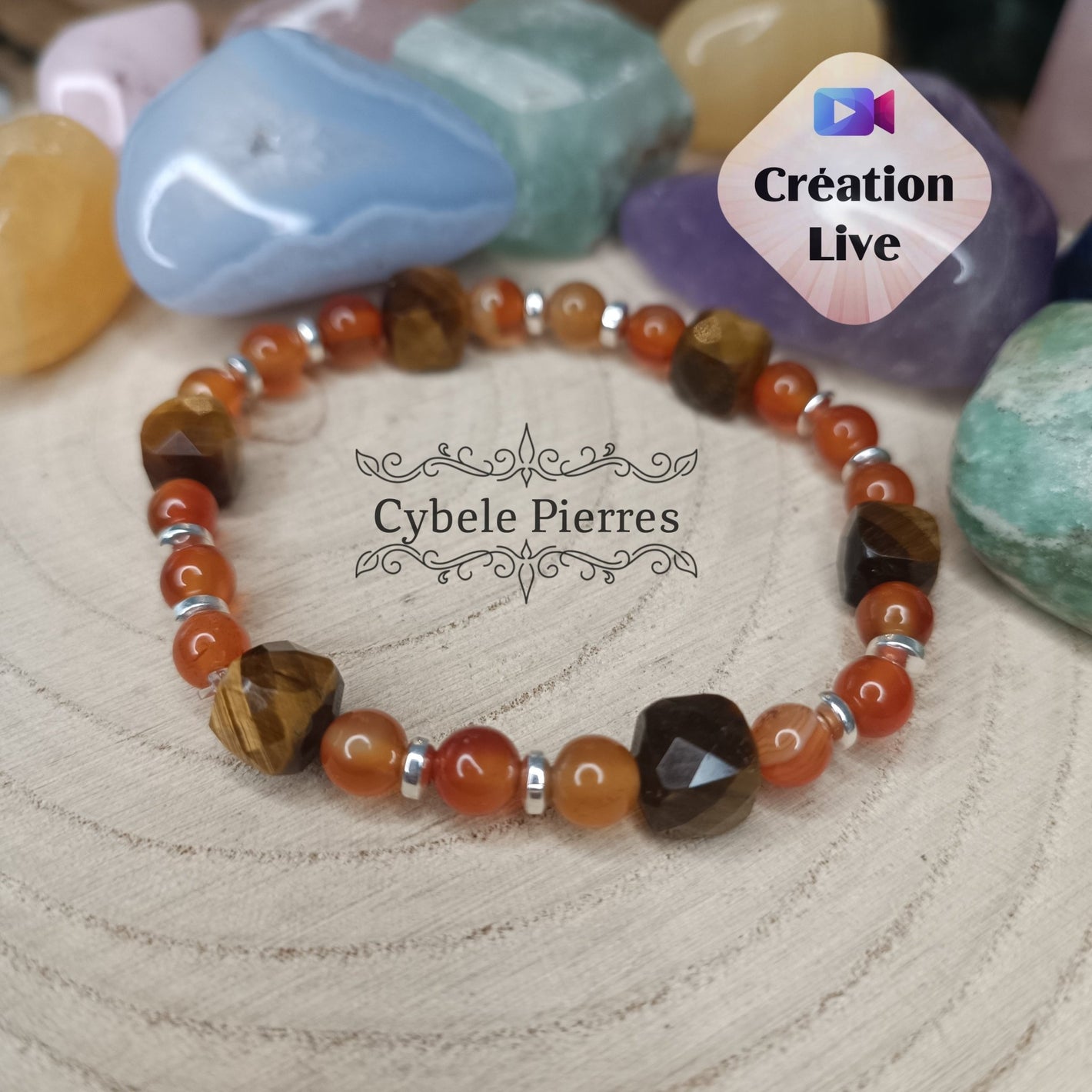 Bracelet "Force Intérieure" - Cornaline et Oeil de tigre (6 et 8mm) - 18cm - Cybele Pierres
