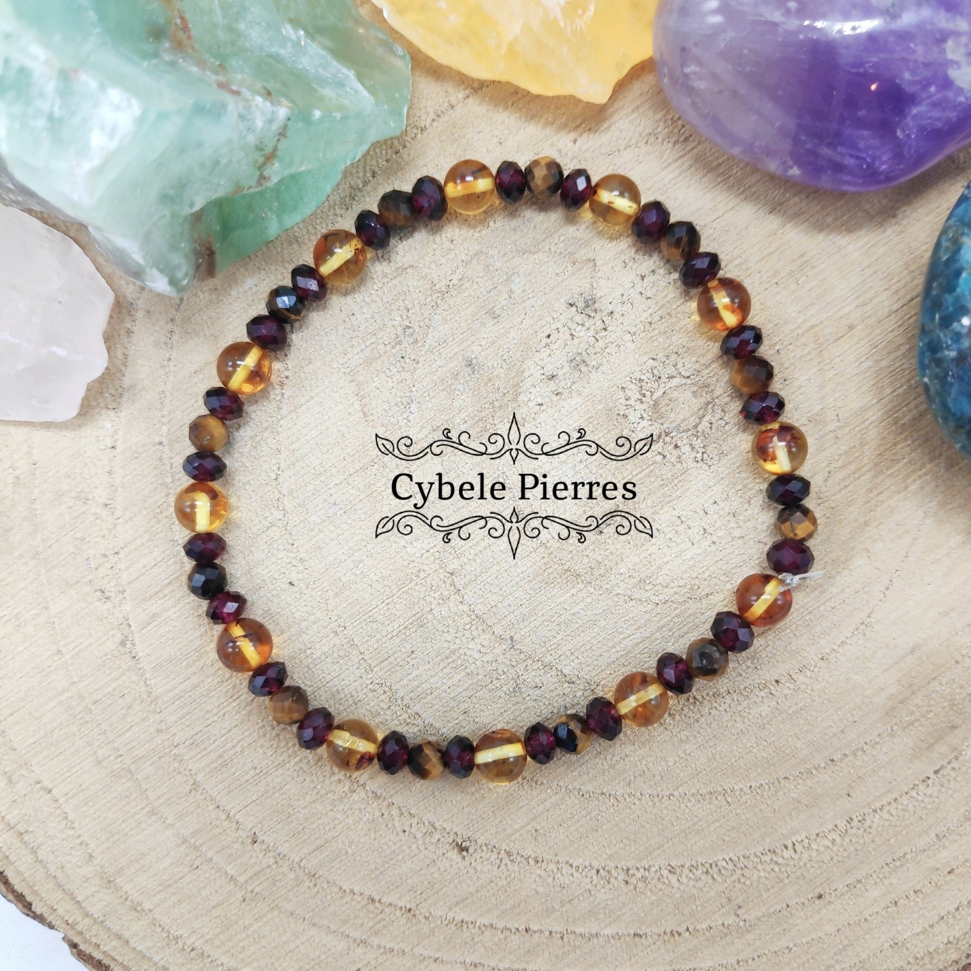 Bracelet Force Protection - Oeil de Tigre, Ambre et Grenat (3 et 6mm) - 18cm - Cybele Pierres