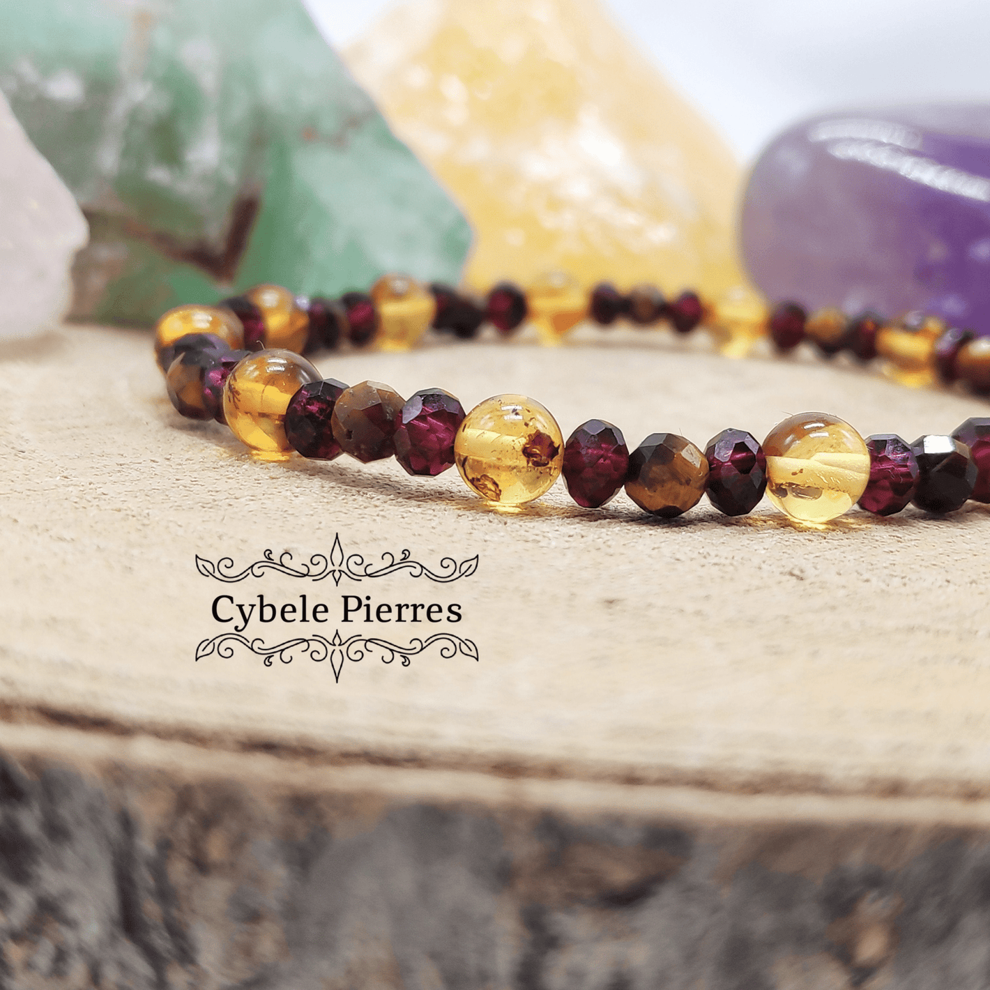 Bracelet Force Protection - Oeil de Tigre, Ambre et Grenat (3 et 6mm) - 18cm - Cybele Pierres