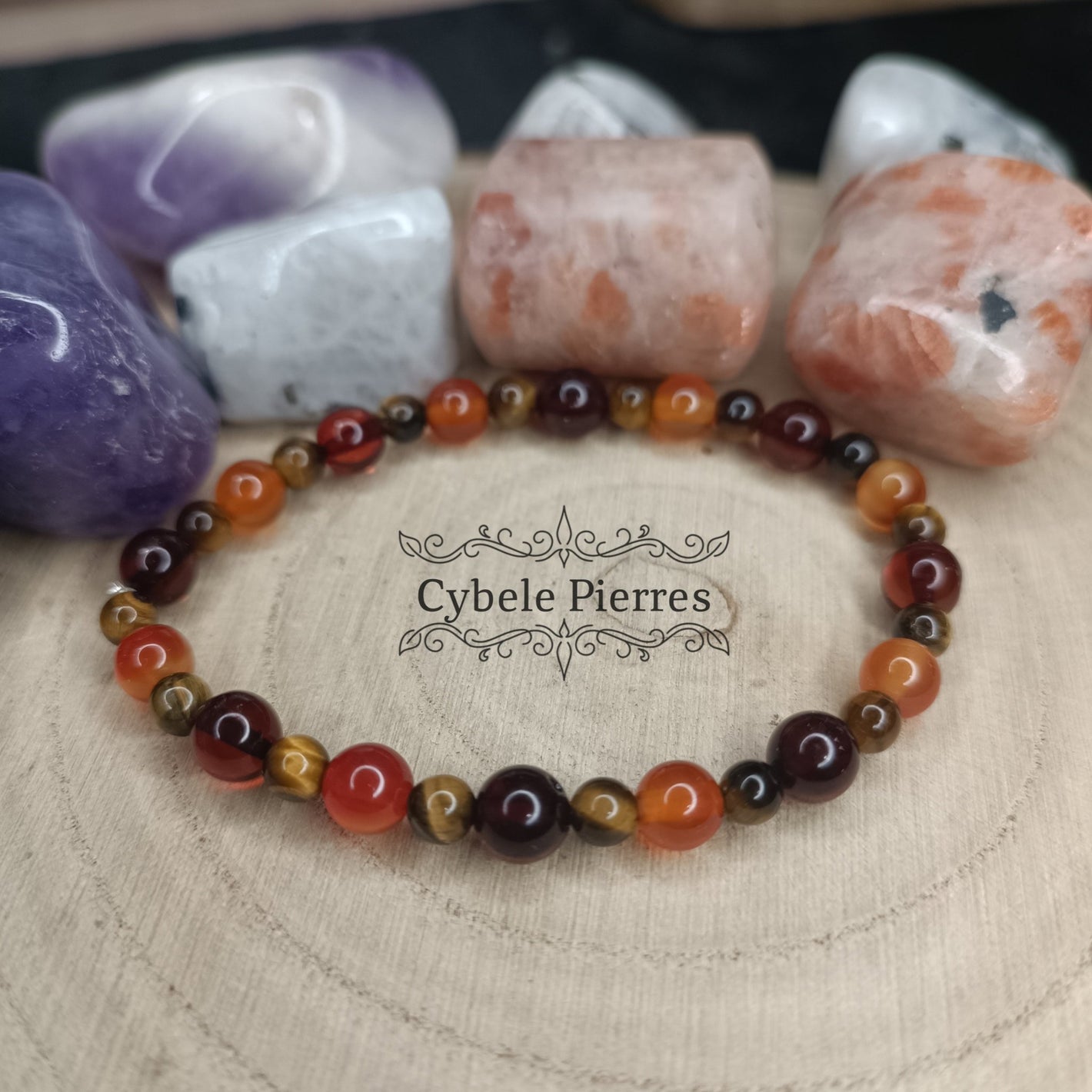 Bracelet Fulgura - Oeil de Tigre, Ambre et Cornaline (4 et 6mm) - 17cm - Cybele Pierres