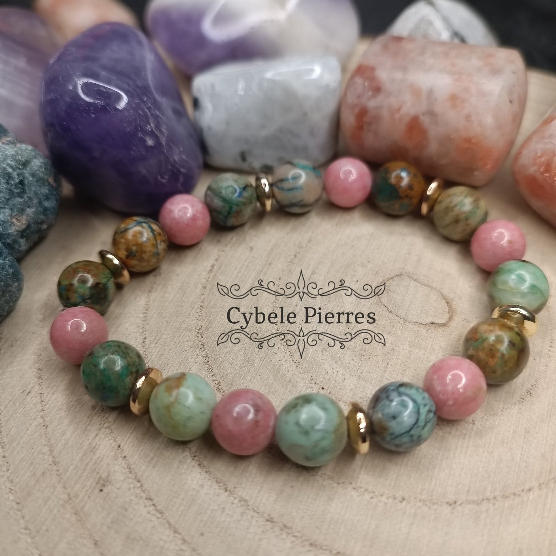 Bracelet Gaïa - Thulite et Chrysocolle (8mm) - 16cm - Cybele Pierres