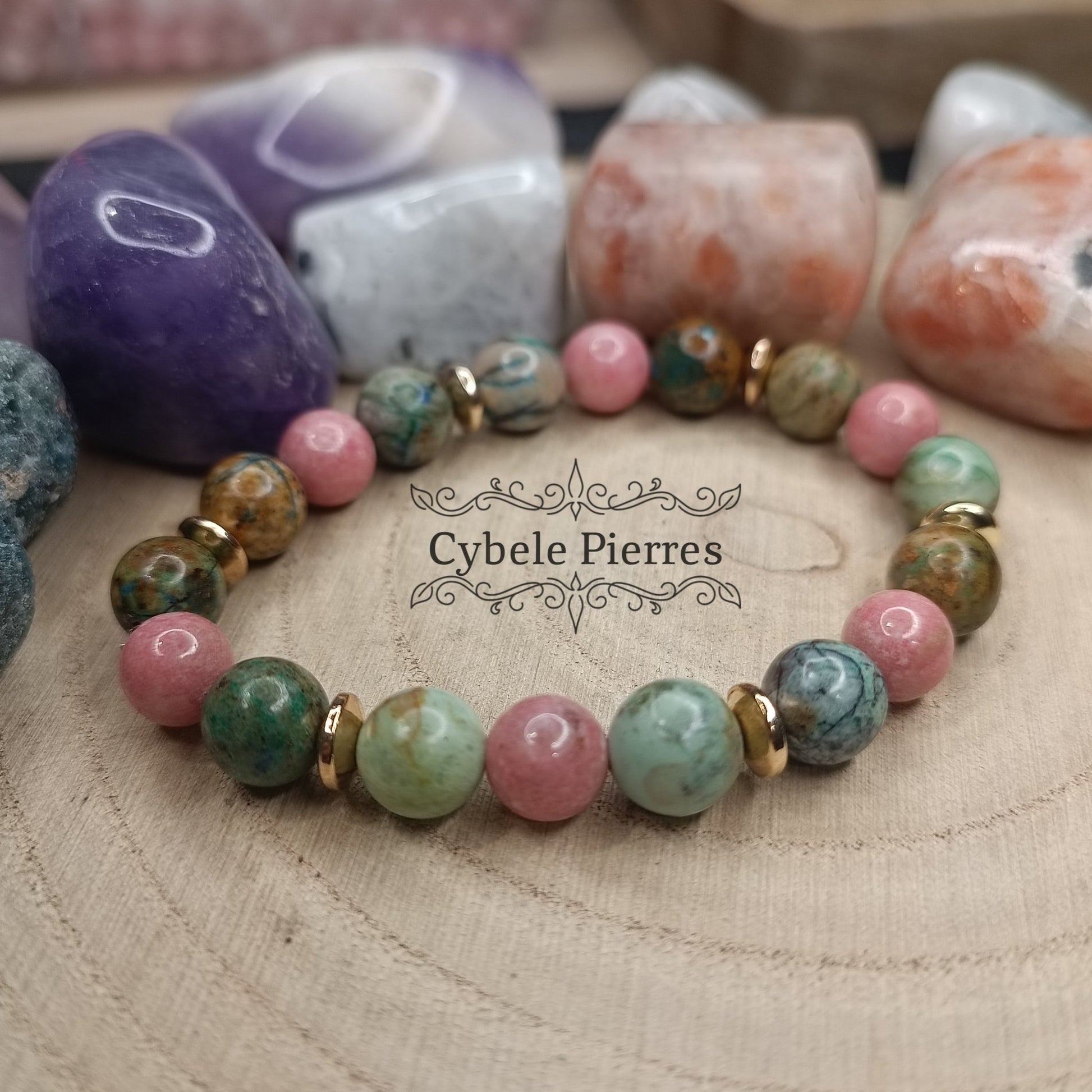 Bracelet Gaïa - Thulite et Chrysocolle (8mm) - 16cm - Cybele Pierres