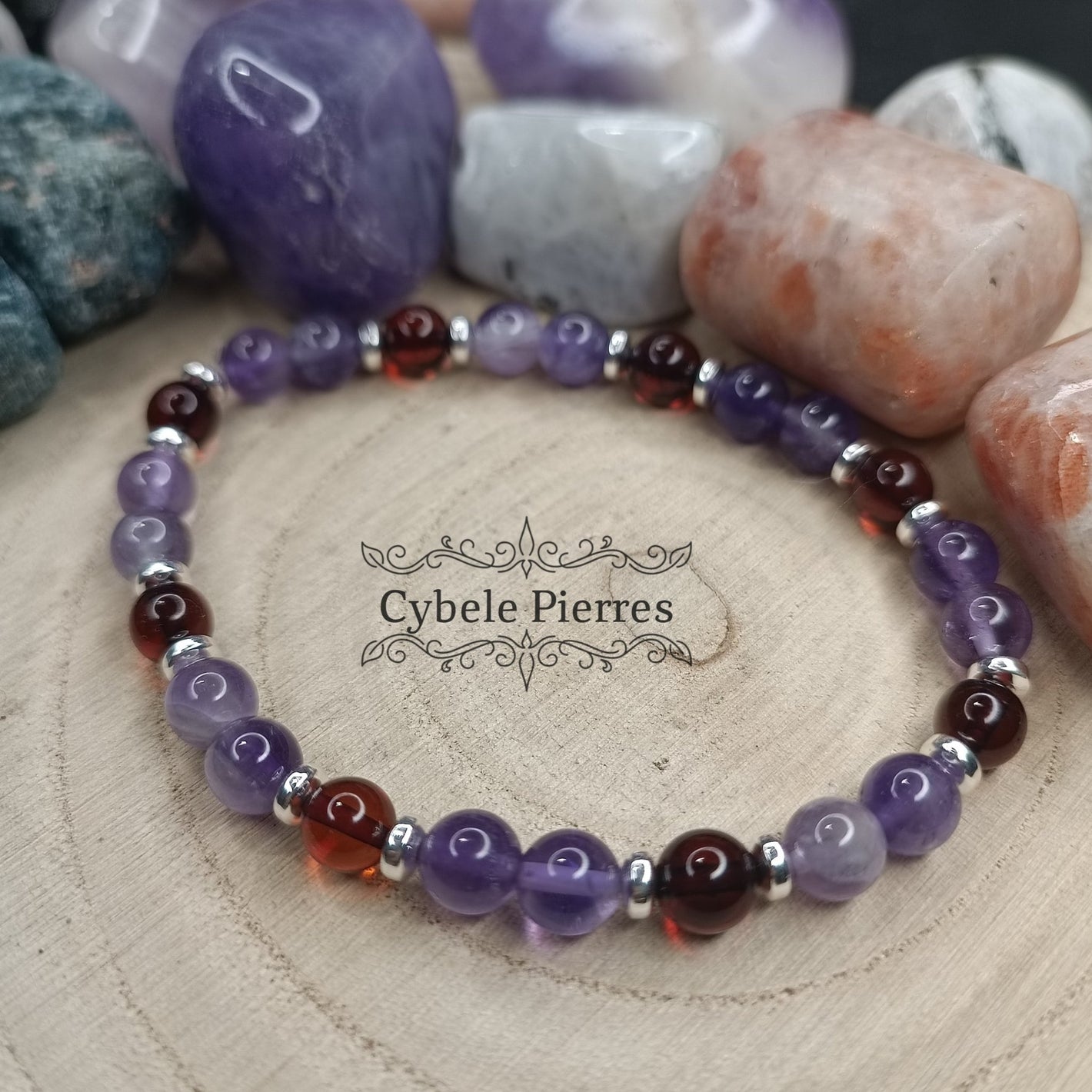 Bracelet Galatée : Ambre et Améthyste (6mm) - 18cm - Cybele Pierres