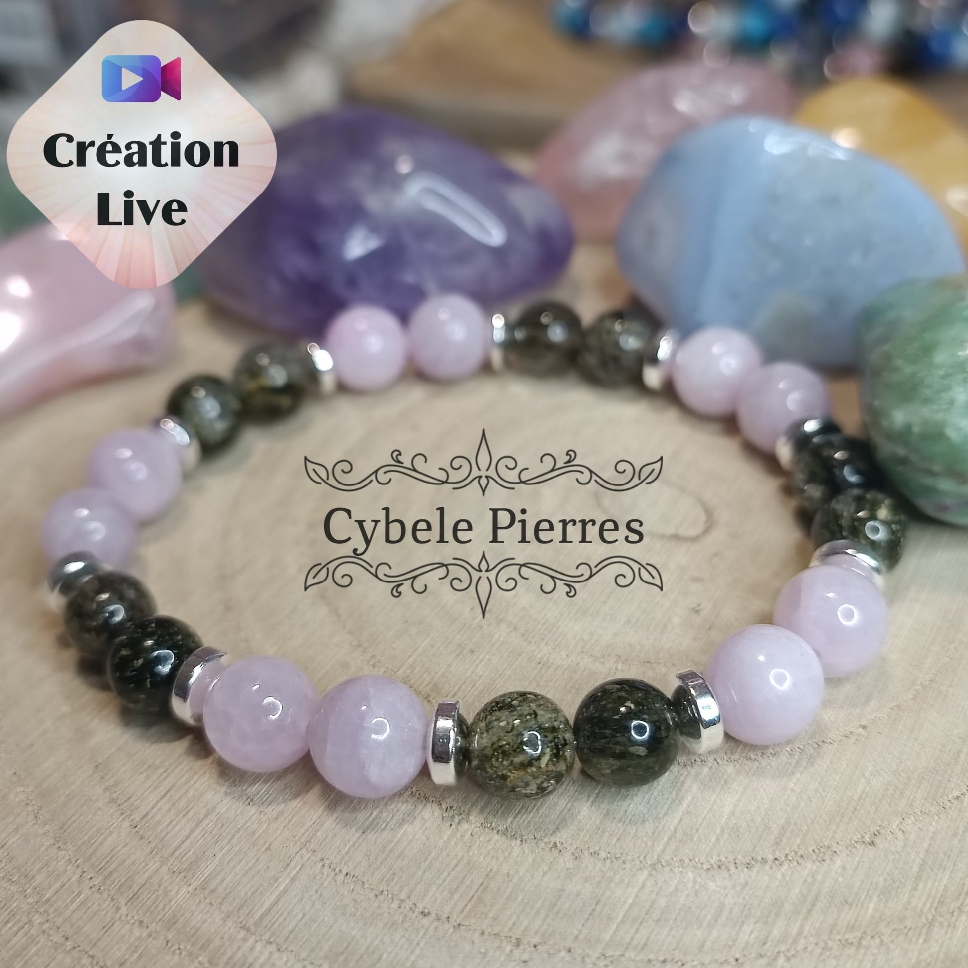 Bracelet Hellébore - Tourmaline verte (verdélite) et Kunzite (8mm) - 19cm - Cybele Pierres