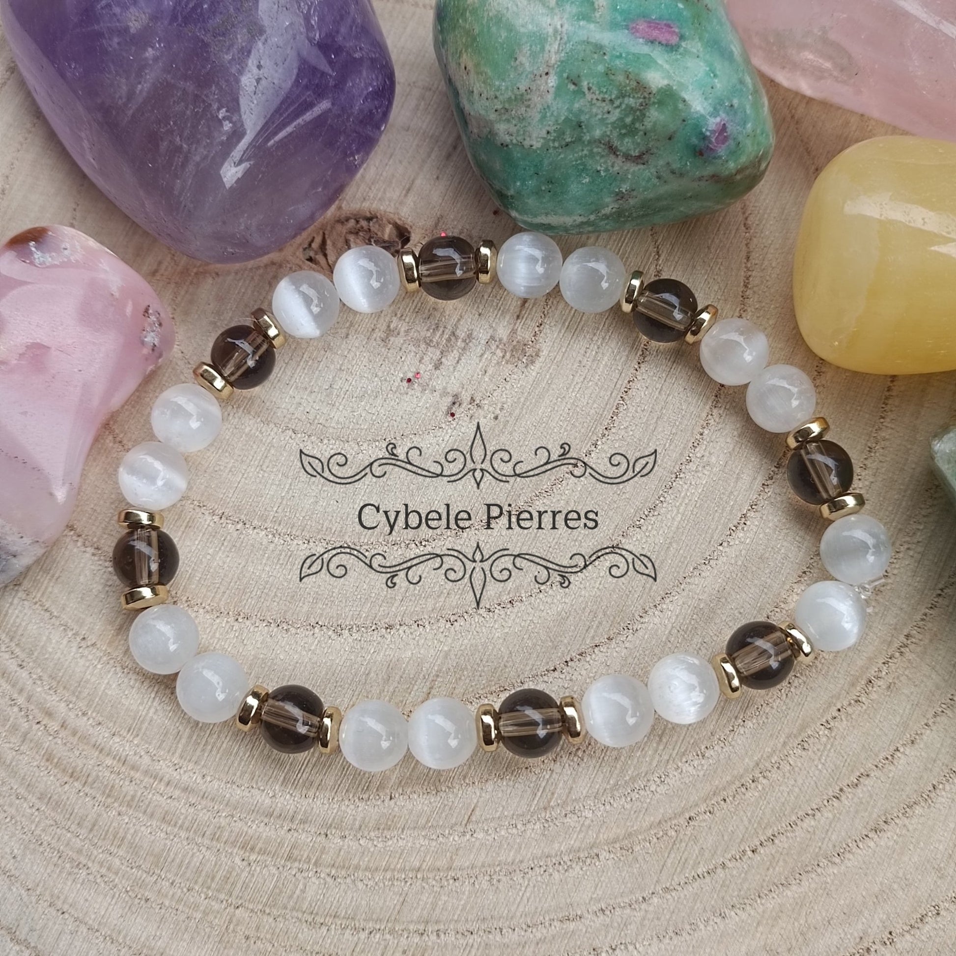 Bracelet Himalaya - Sélénite et Quartz fumé (6mm) - 18cm - Cybele Pierres