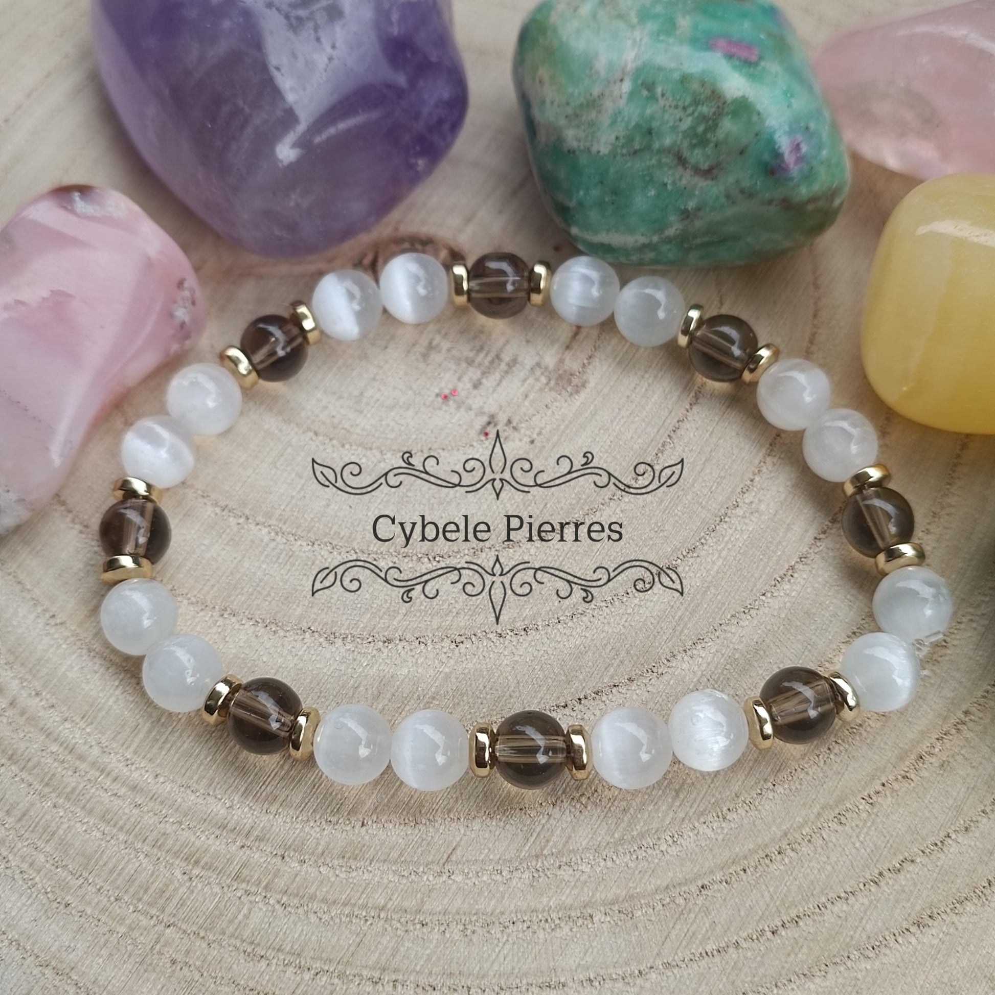Bracelet Himalaya - Sélénite et Quartz fumé (6mm) - 18cm - Cybele Pierres