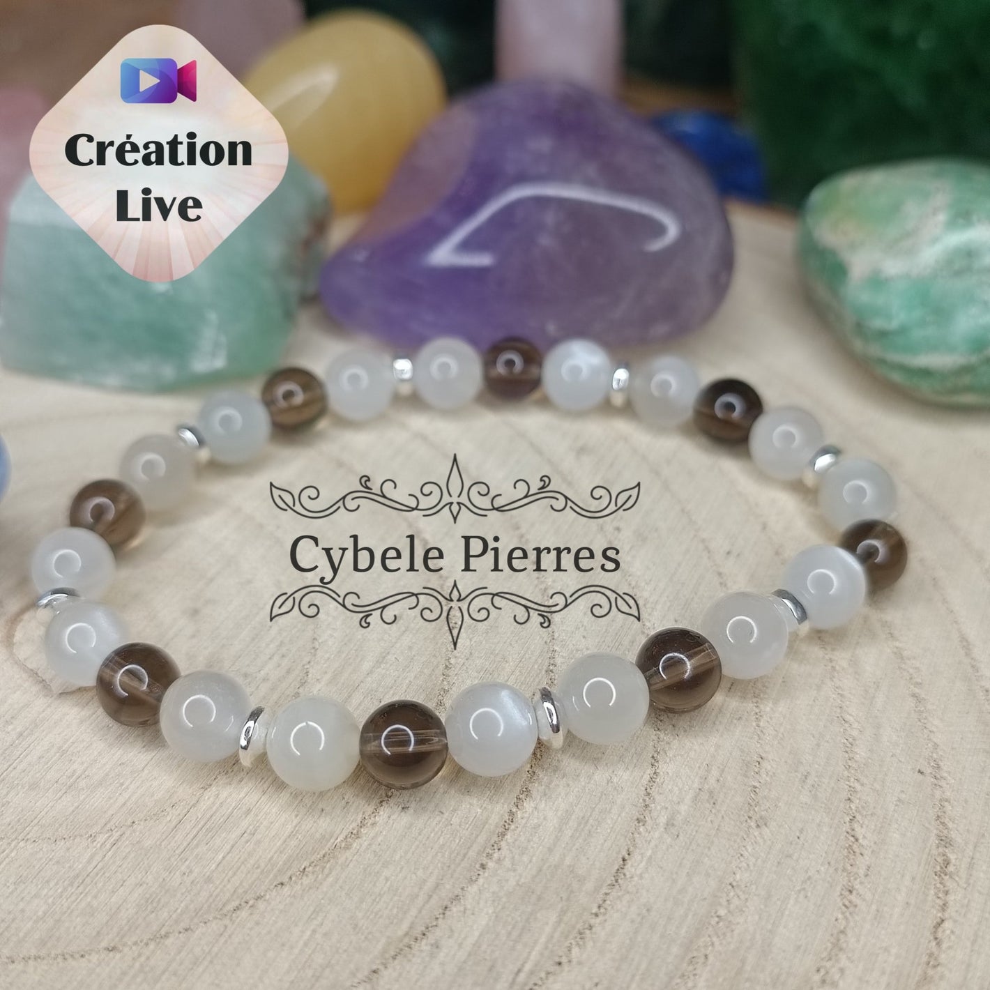 Bracelet Hiver - Pierre de lune blanche et Quartz fumé (6mm) - 18cm - Cybele Pierres