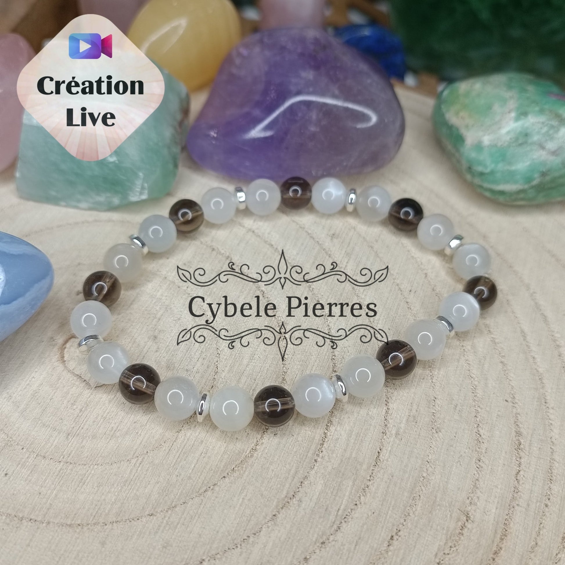 Bracelet Hiver - Pierre de lune blanche et Quartz fumé (6mm) - 18cm - Cybele Pierres