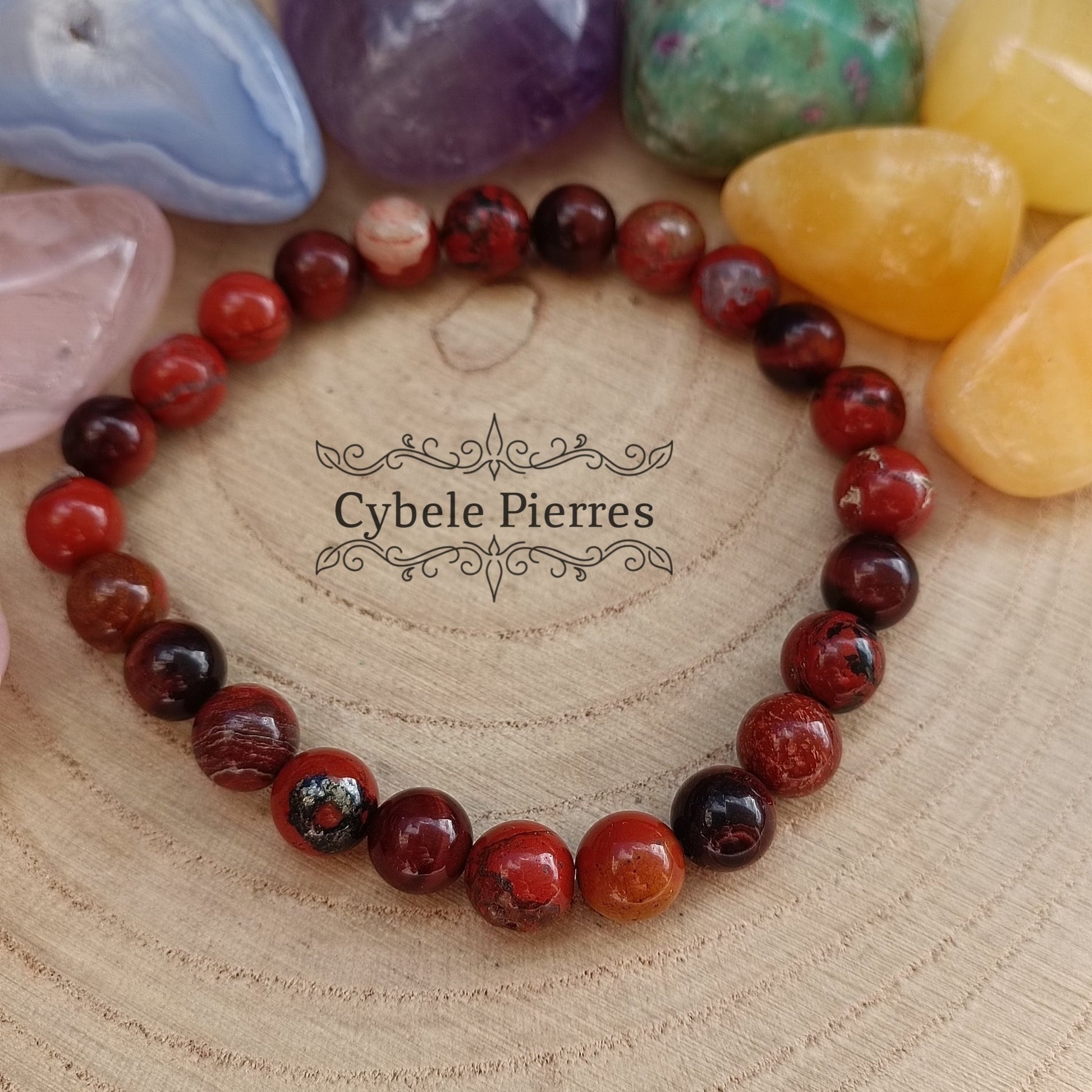 Bracelet Homme Ancrage - Oeil de Taureau et Jaspe rouge (8mm) - 20cm - Cybele Pierres