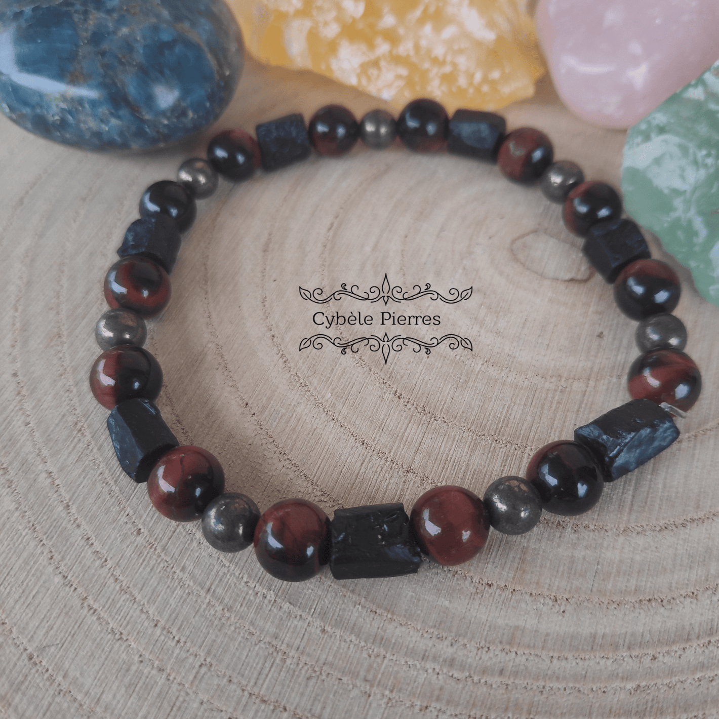 Bracelet Homme "Asclépios" - Tourmaline, Oeil de taureau et Pyrite (8 et 6mm) - 18cm - Cybele Pierres