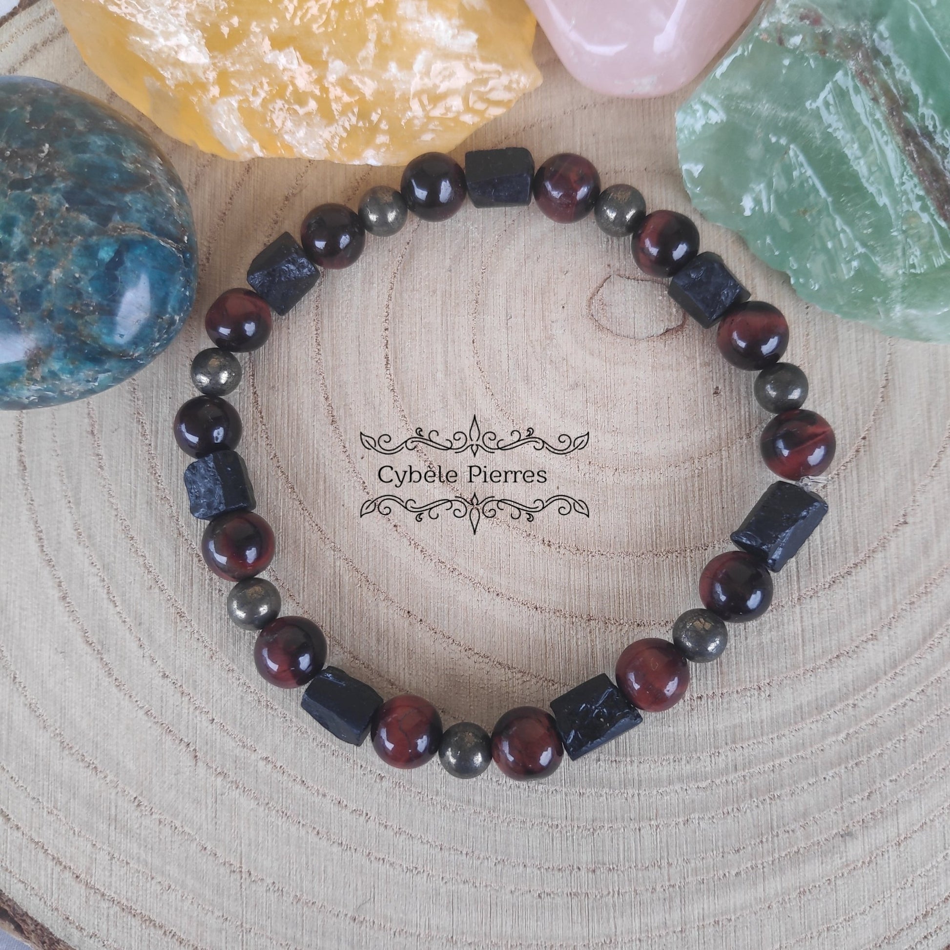 Bracelet Homme "Asclépios" - Tourmaline, Oeil de taureau et Pyrite (8 et 6mm) - 18cm - Cybele Pierres