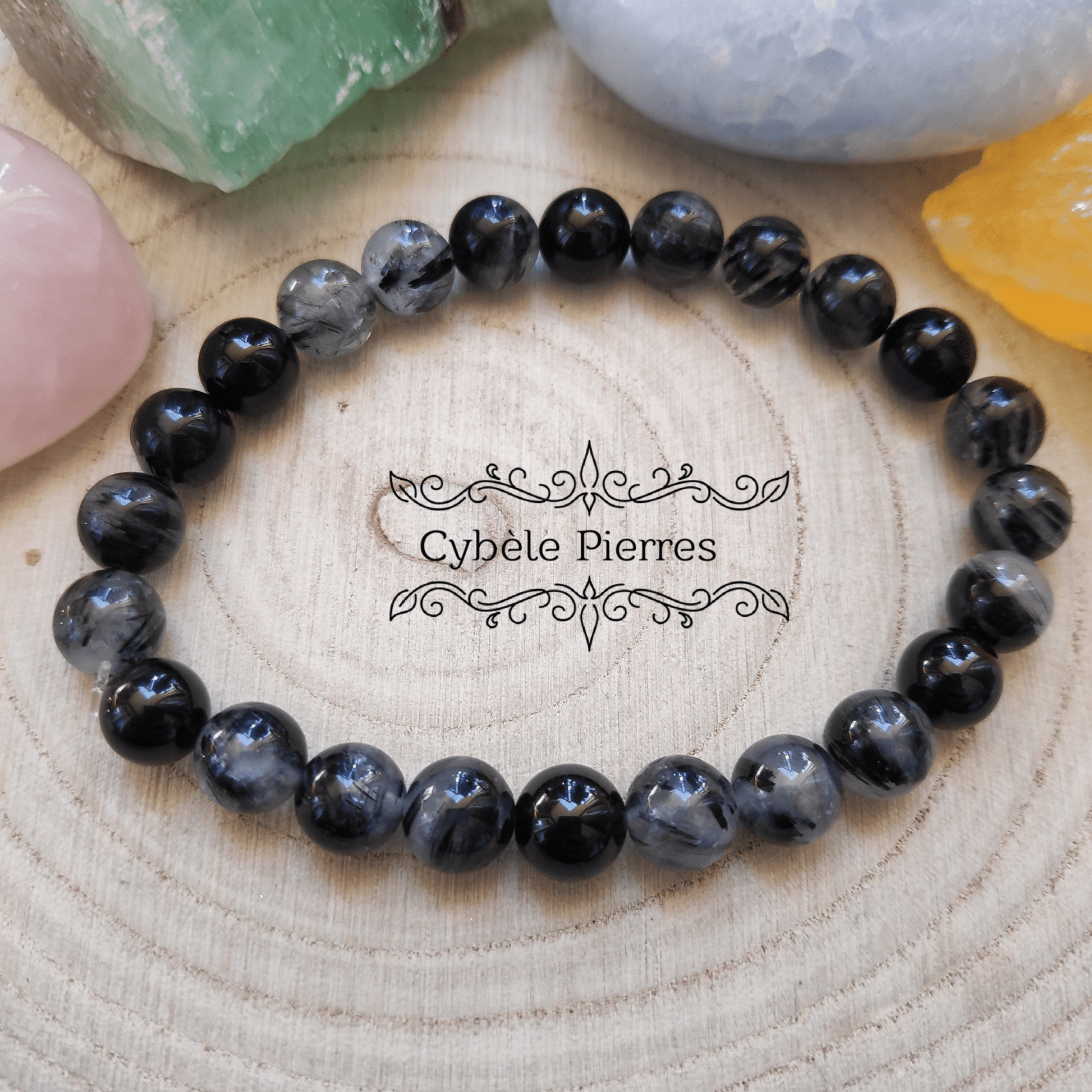 Bracelet Homme "Ashima" - Quartz Tourmaline et Spinelle (8mm) - 19m - Cybele Pierres