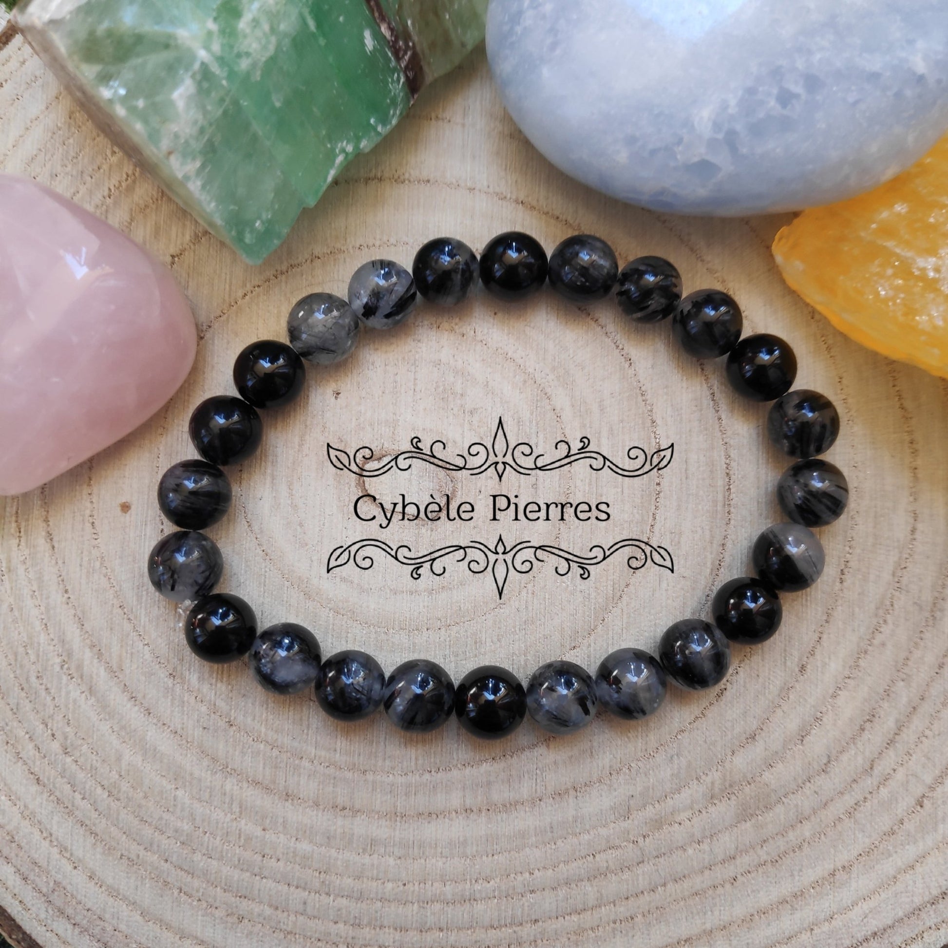 Bracelet Homme "Ashima" - Quartz Tourmaline et Spinelle (8mm) - 19m - Cybele Pierres