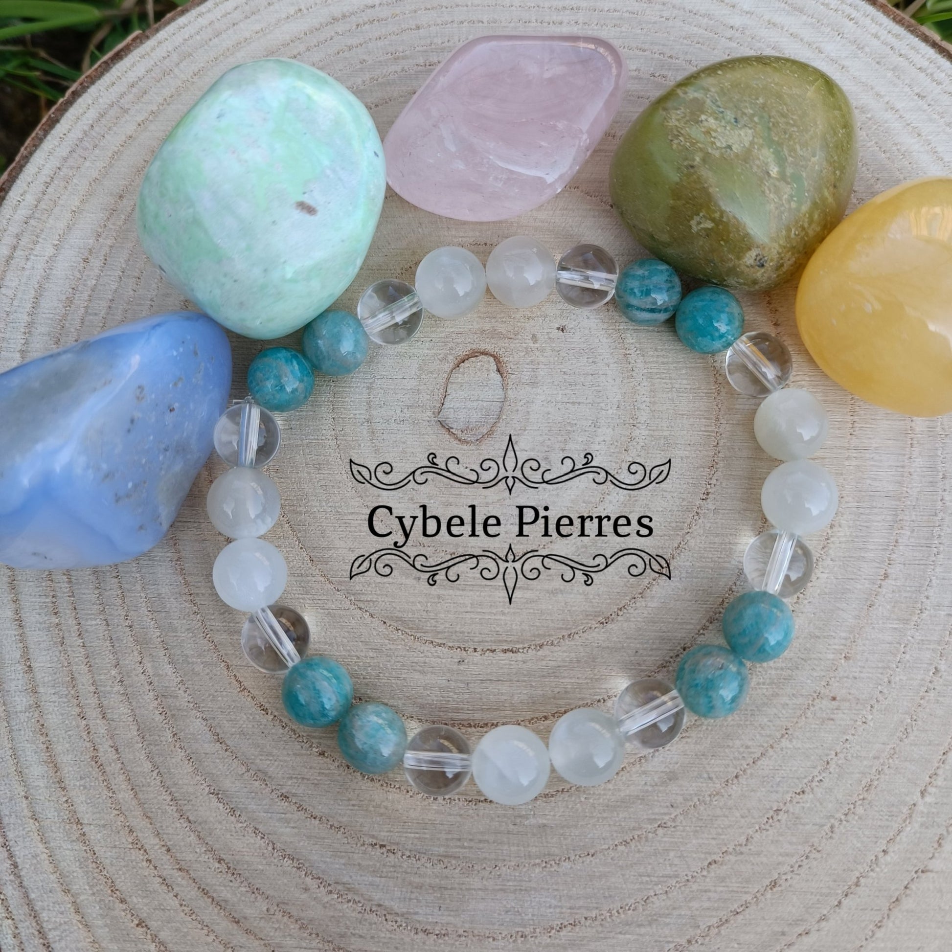 Bracelet Homme Bonheur - Amazonite, Cristal de roche et Pierre de lune blanche (8mm) - 19cm - Cybele Pierres