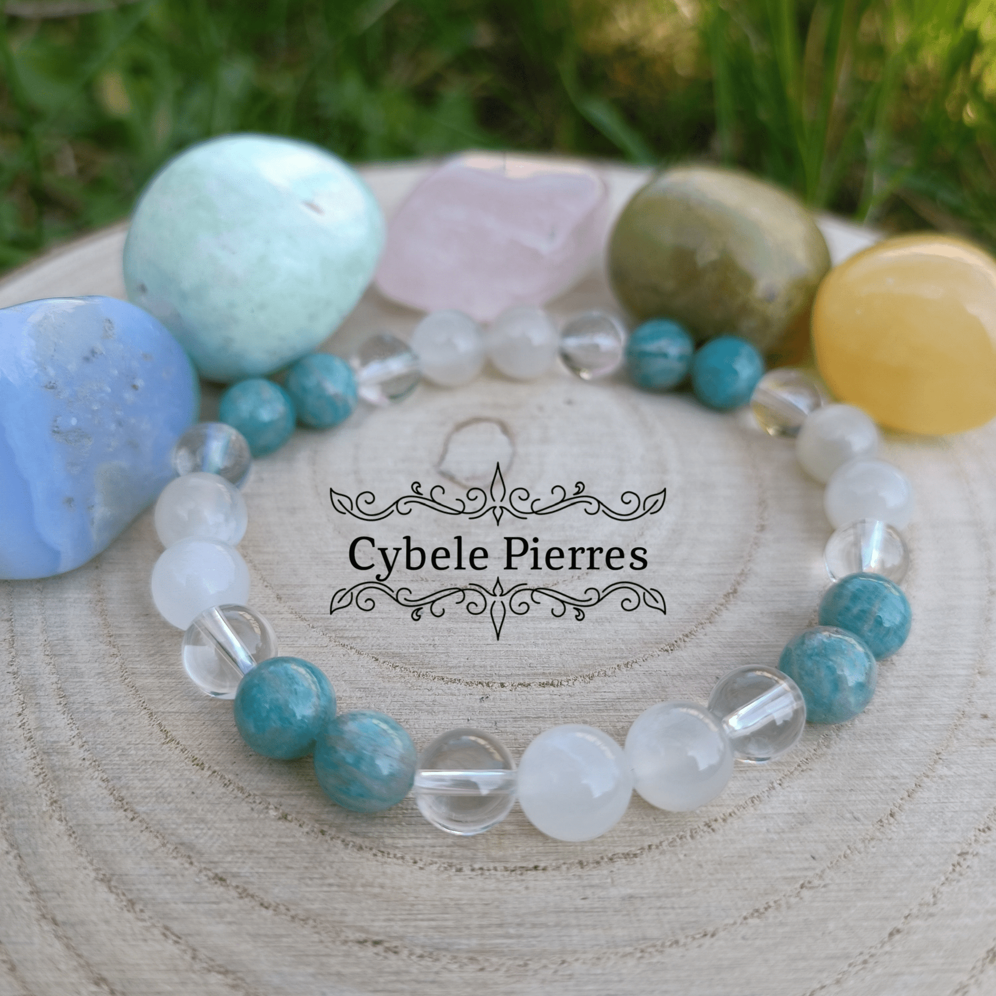 Bracelet Homme Bonheur - Amazonite, Cristal de roche et Pierre de lune blanche (8mm) - 19cm - Cybele Pierres
