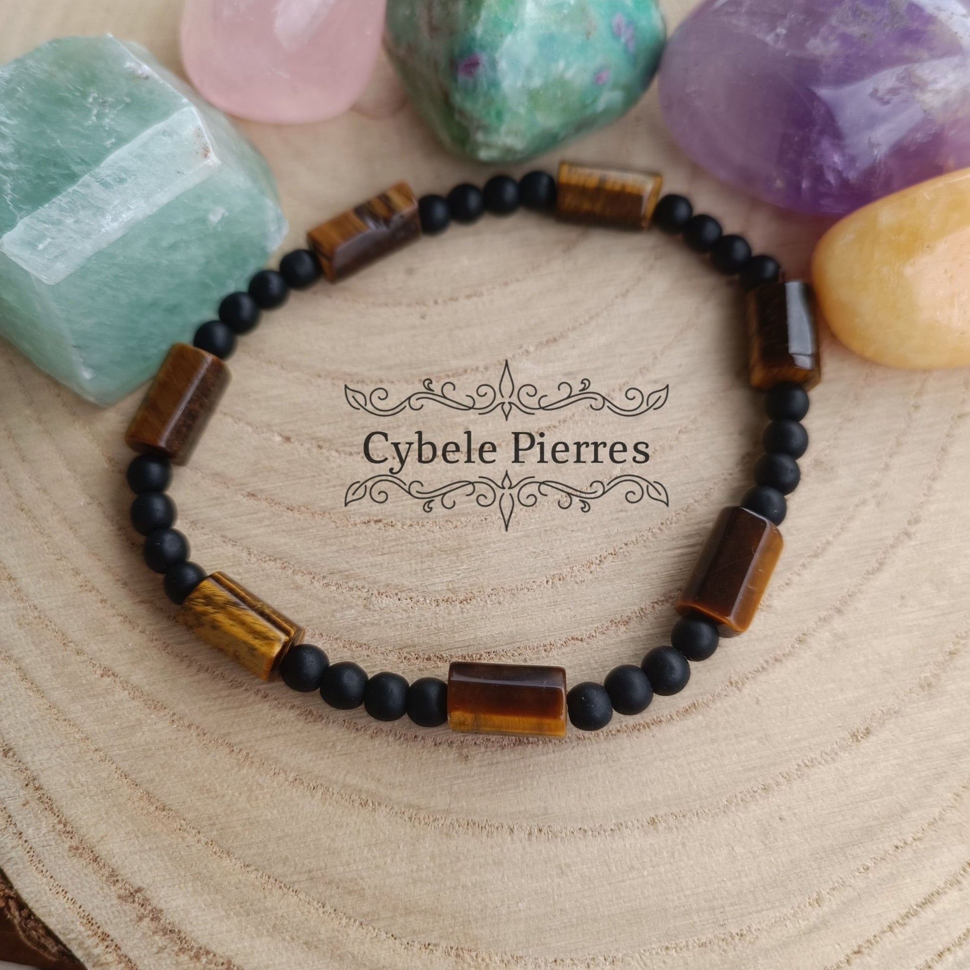 Bracelet Homme "Confiance" - Oeil de tigre & Onyx (4 et 10mm) - 19cm - Cybele Pierres