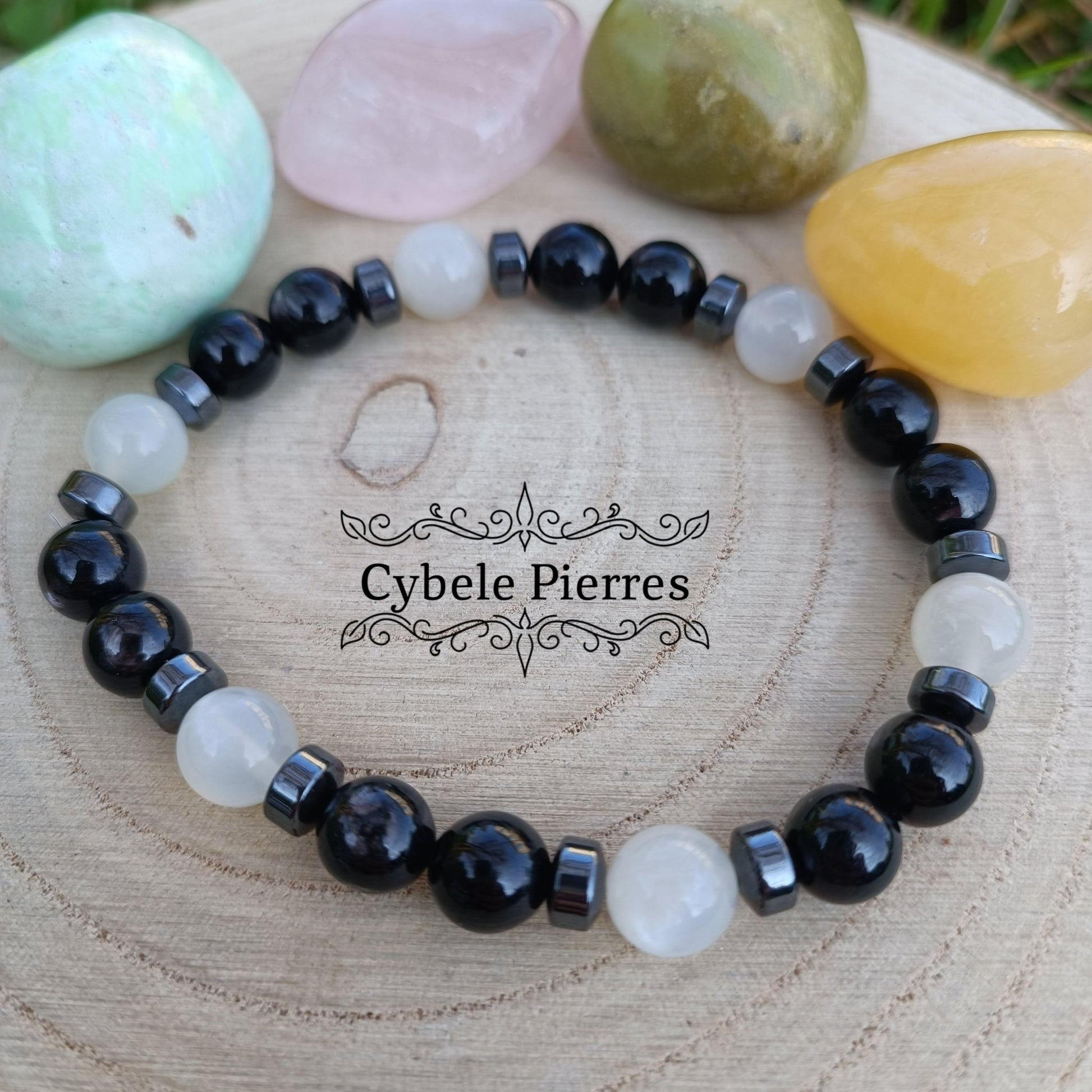 Bracelet Homme Initiative - Hyperstène et Pierre de Lune blanche (8mm) - 19cm - Cybele Pierres