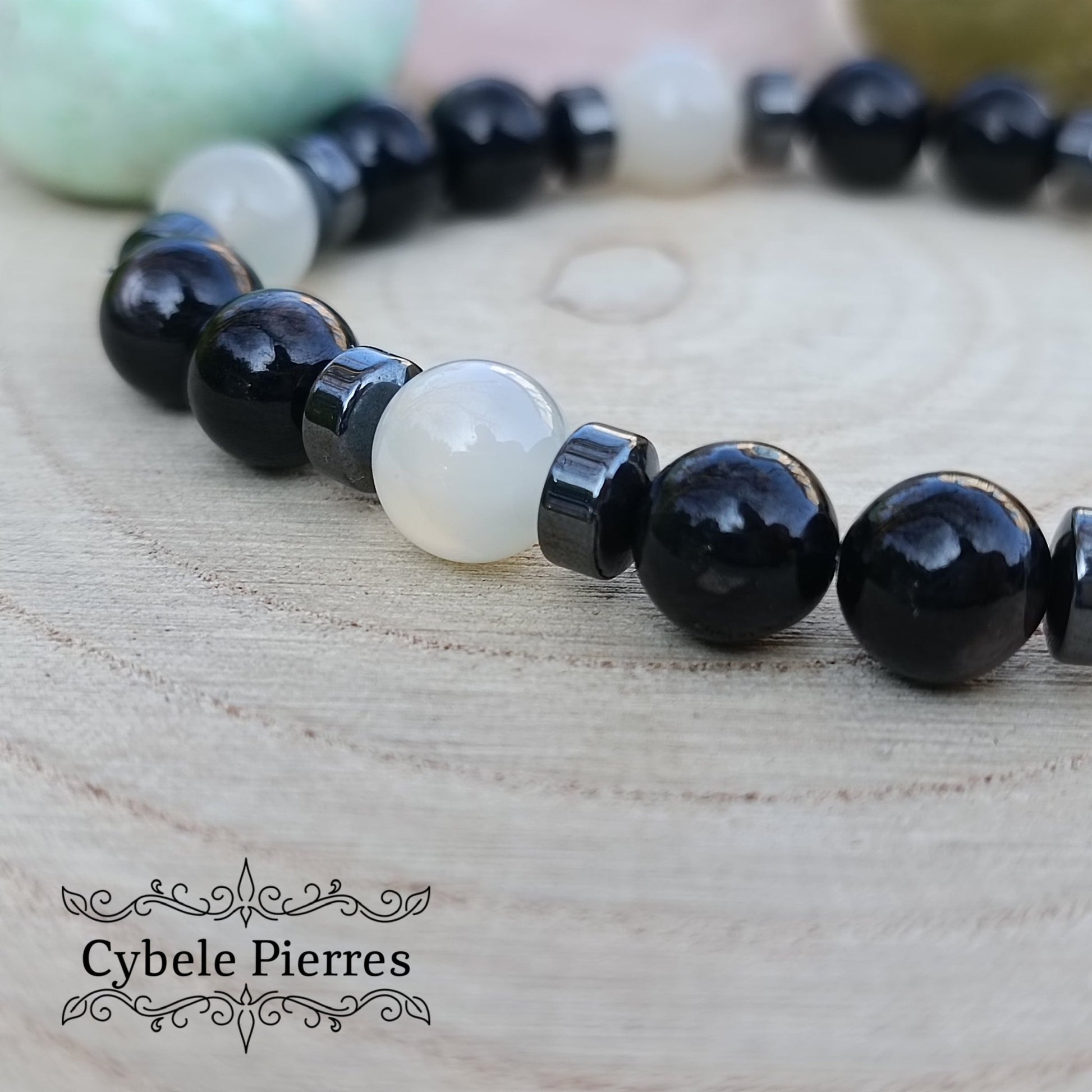 Bracelet Homme Initiative - Hyperstène et Pierre de Lune blanche (8mm) - 19cm - Cybele Pierres