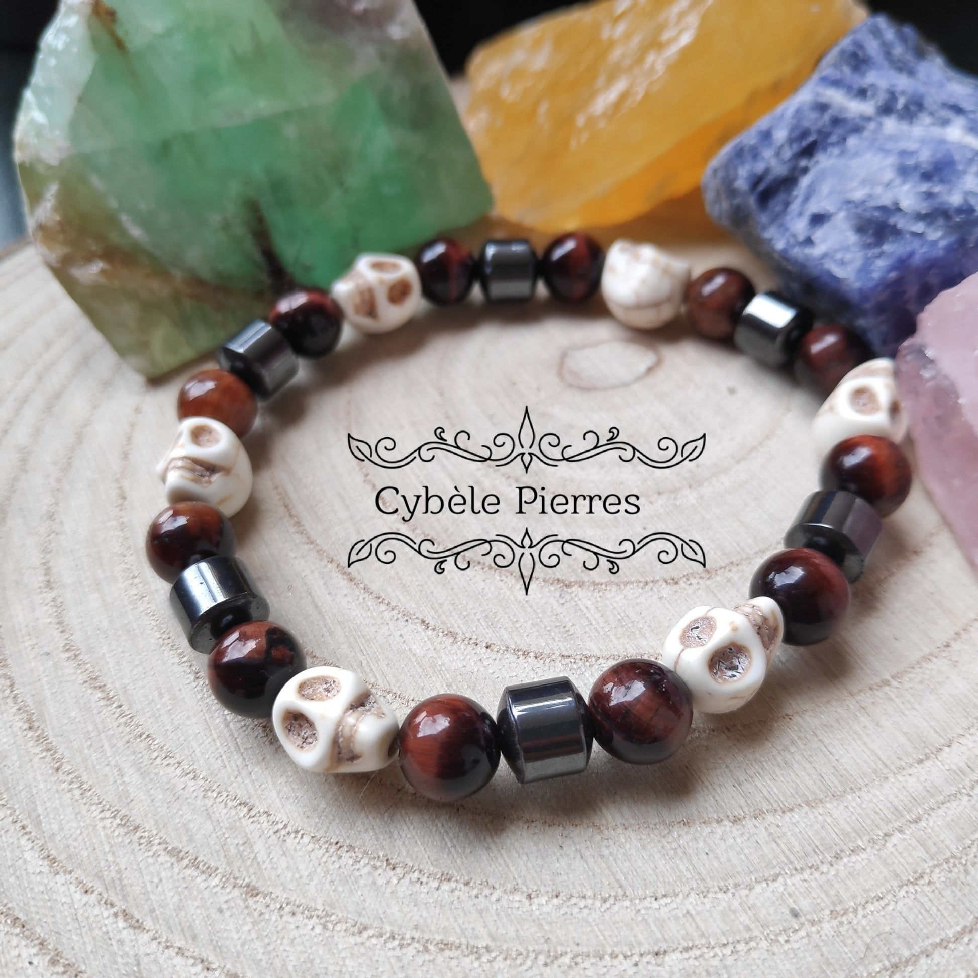 Bracelet Homme Lacher - prise - Howlite et Oeil de taureau (8mm) - 20cm - Cybele Pierres