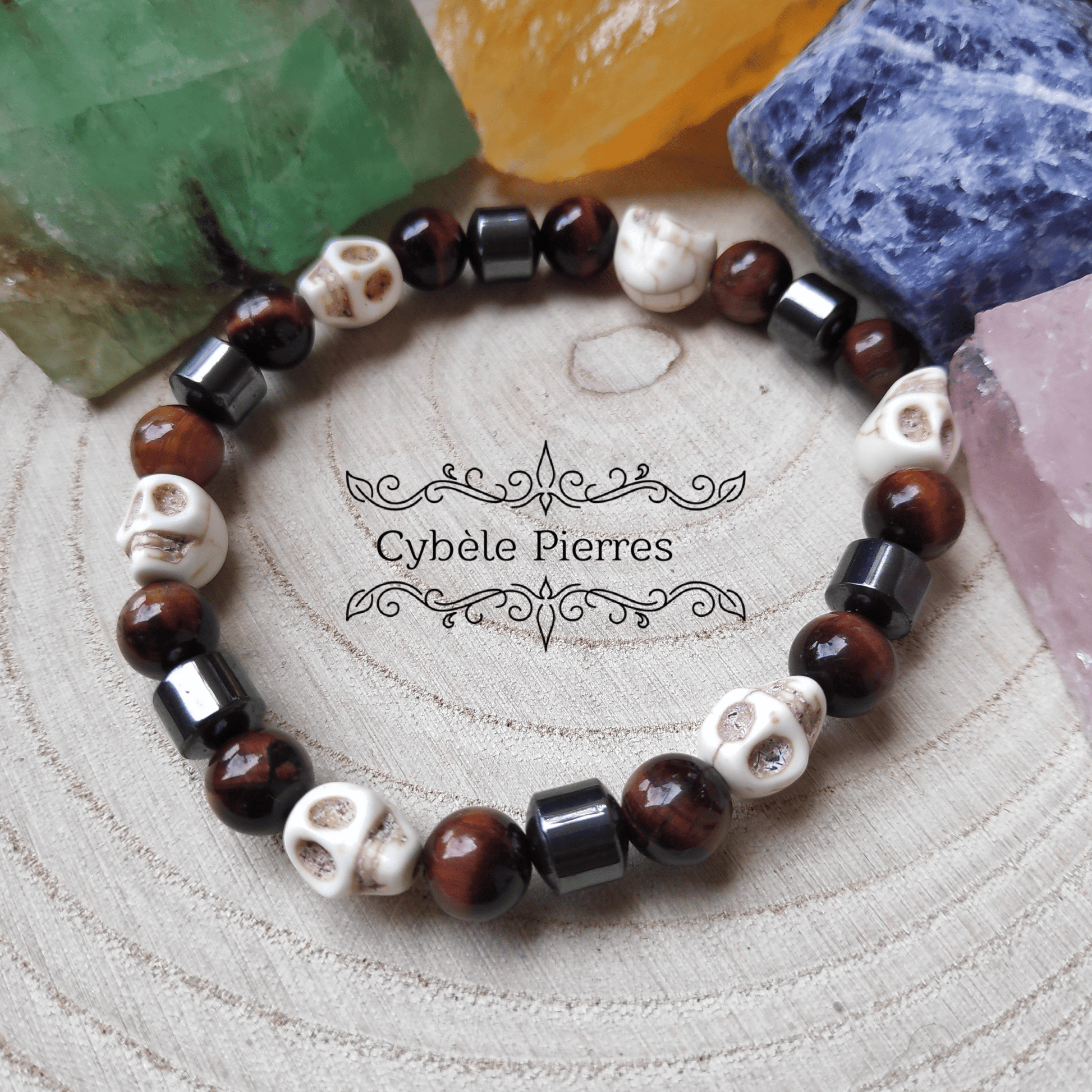 Bracelet Homme Lacher - prise - Howlite et Oeil de taureau (8mm) - 20cm - Cybele Pierres
