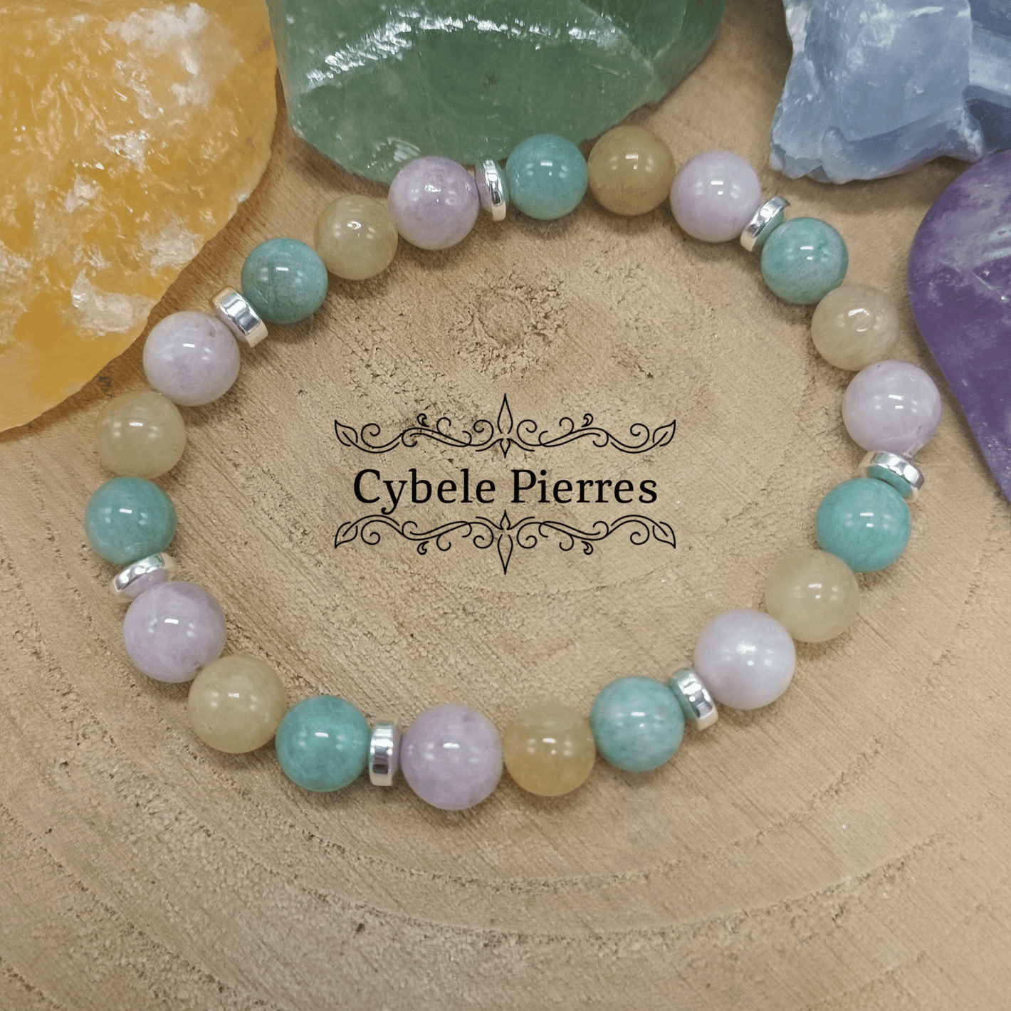 Bracelet Illumination: Héliodore, Amazonite et Kunzite (8mm) - 19cm - Cybele Pierres