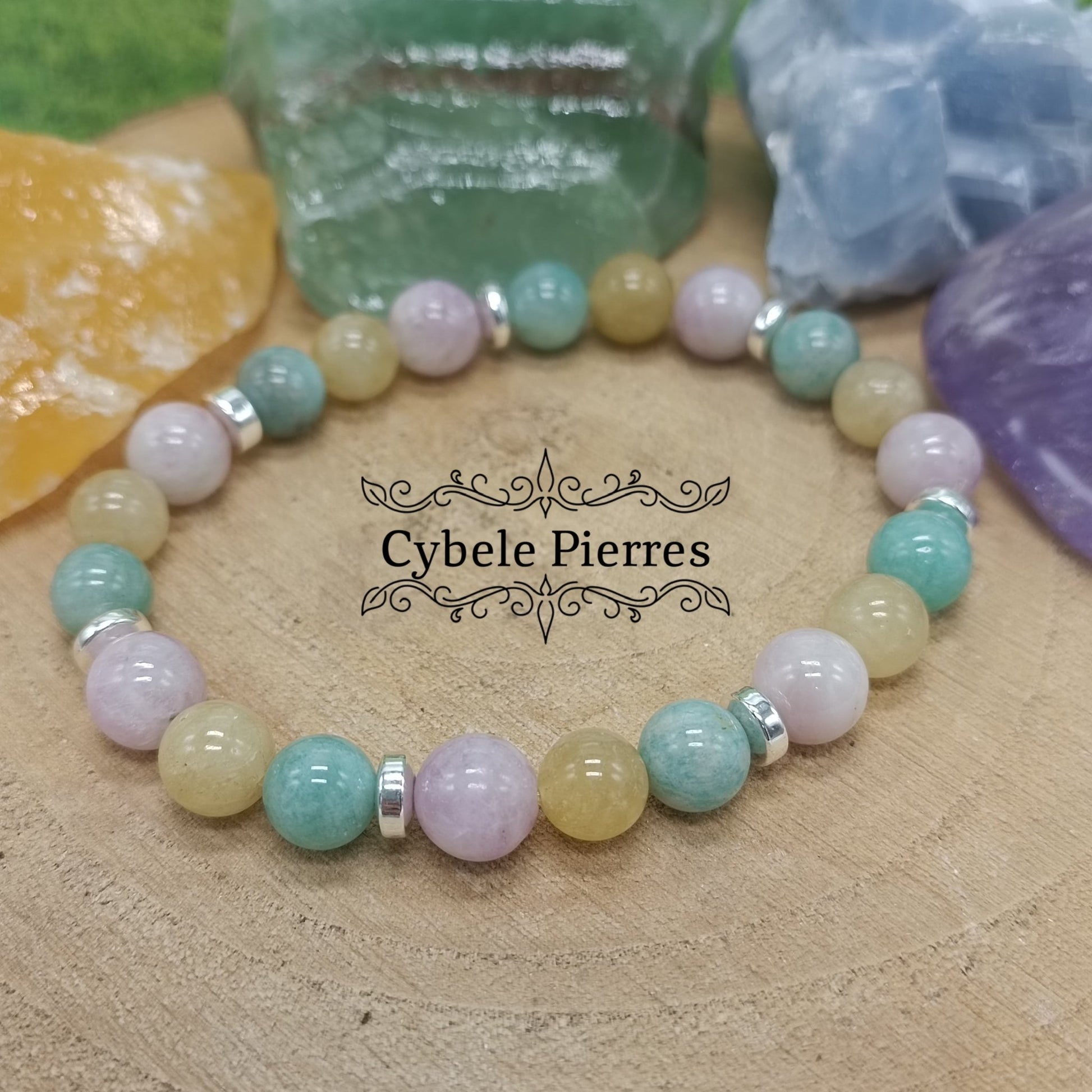 Bracelet Illumination: Héliodore, Amazonite et Kunzite (8mm) - 19cm - Cybele Pierres