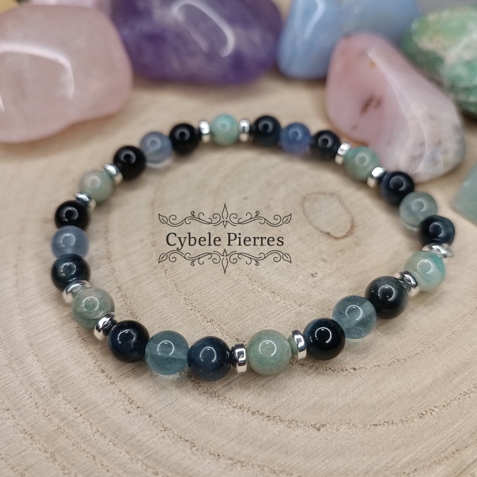 Bracelet Imbolc - Amazonite, Oeil de faucon et Fluorine bleue (6mm) - 17cm - Cybele Pierres