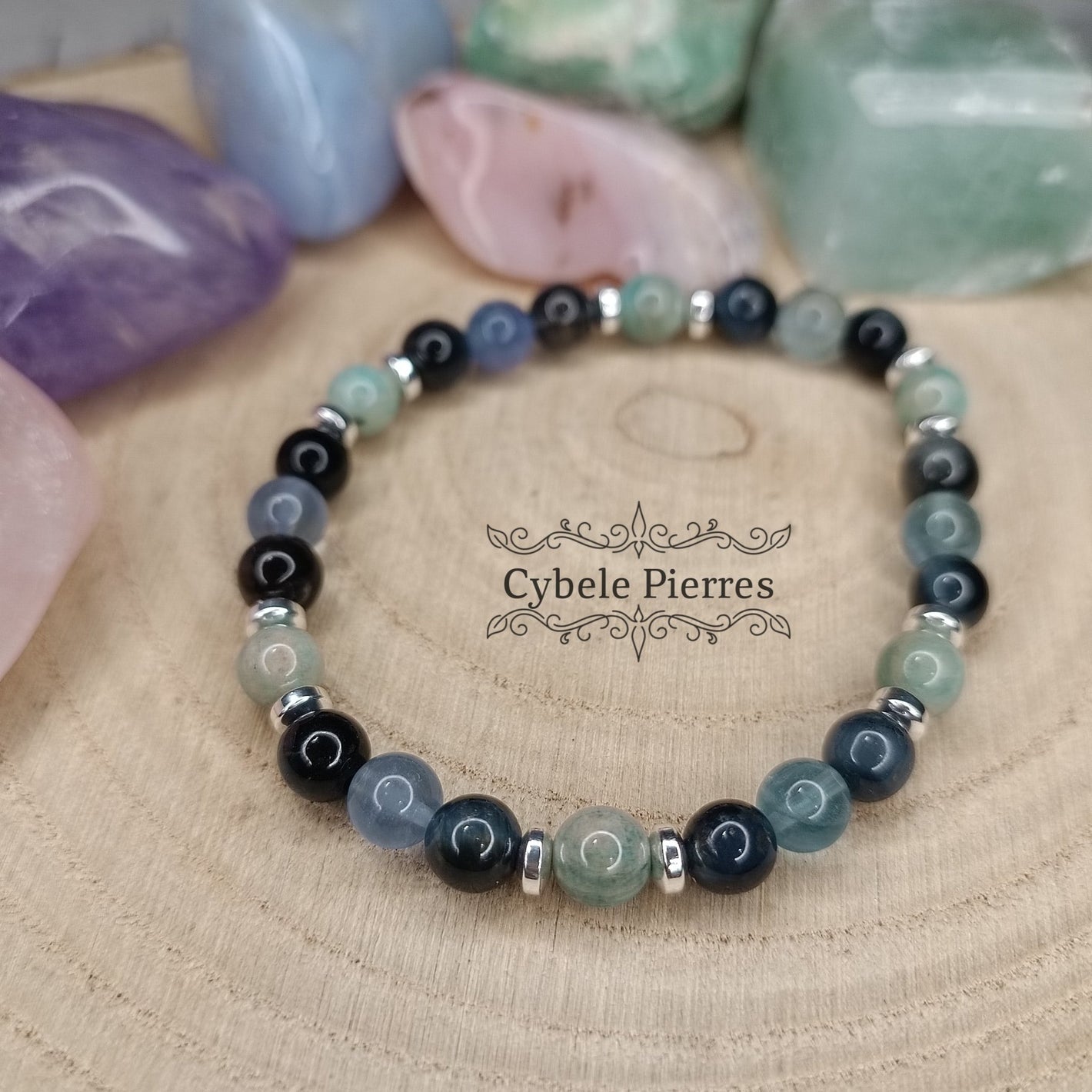 Bracelet Imbolc - Amazonite, Oeil de faucon et Fluorine bleue (6mm) - 17cm - Cybele Pierres