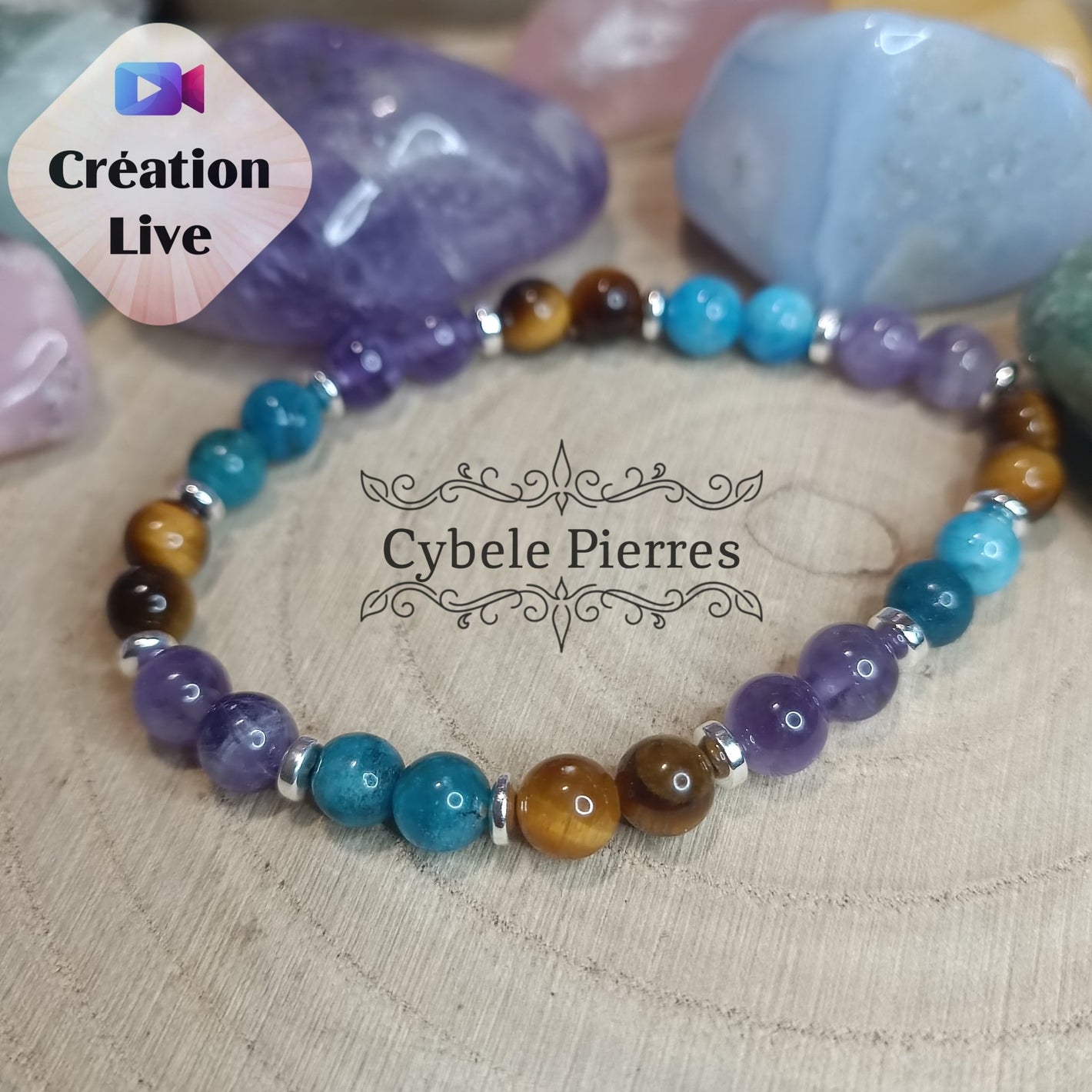 Bracelet Indépendance - Oeil de tigre, Améthyste et Apatite (6mm) - 18cm - Cybele Pierres