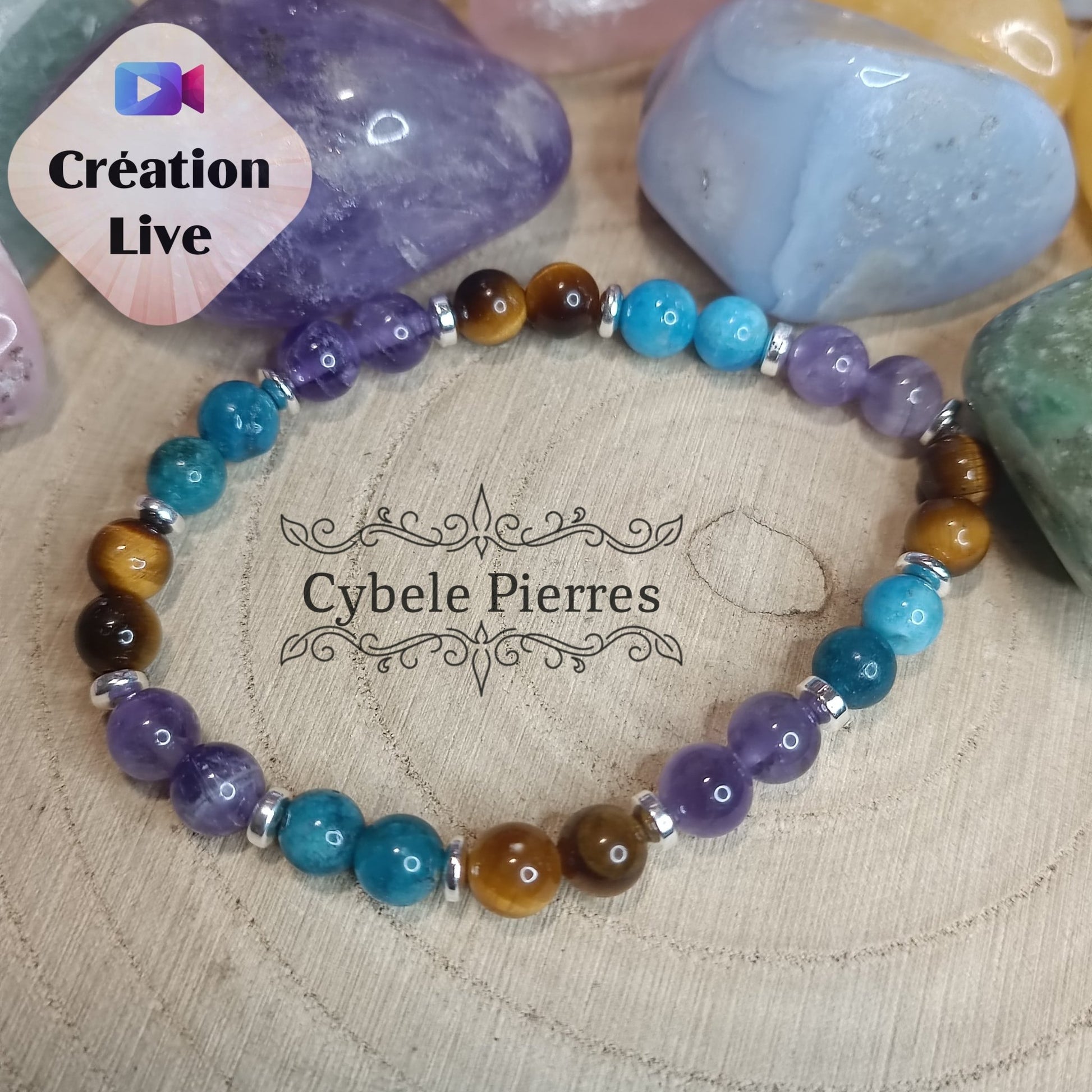 Bracelet Indépendance - Oeil de tigre, Améthyste et Apatite (6mm) - 18cm - Cybele Pierres