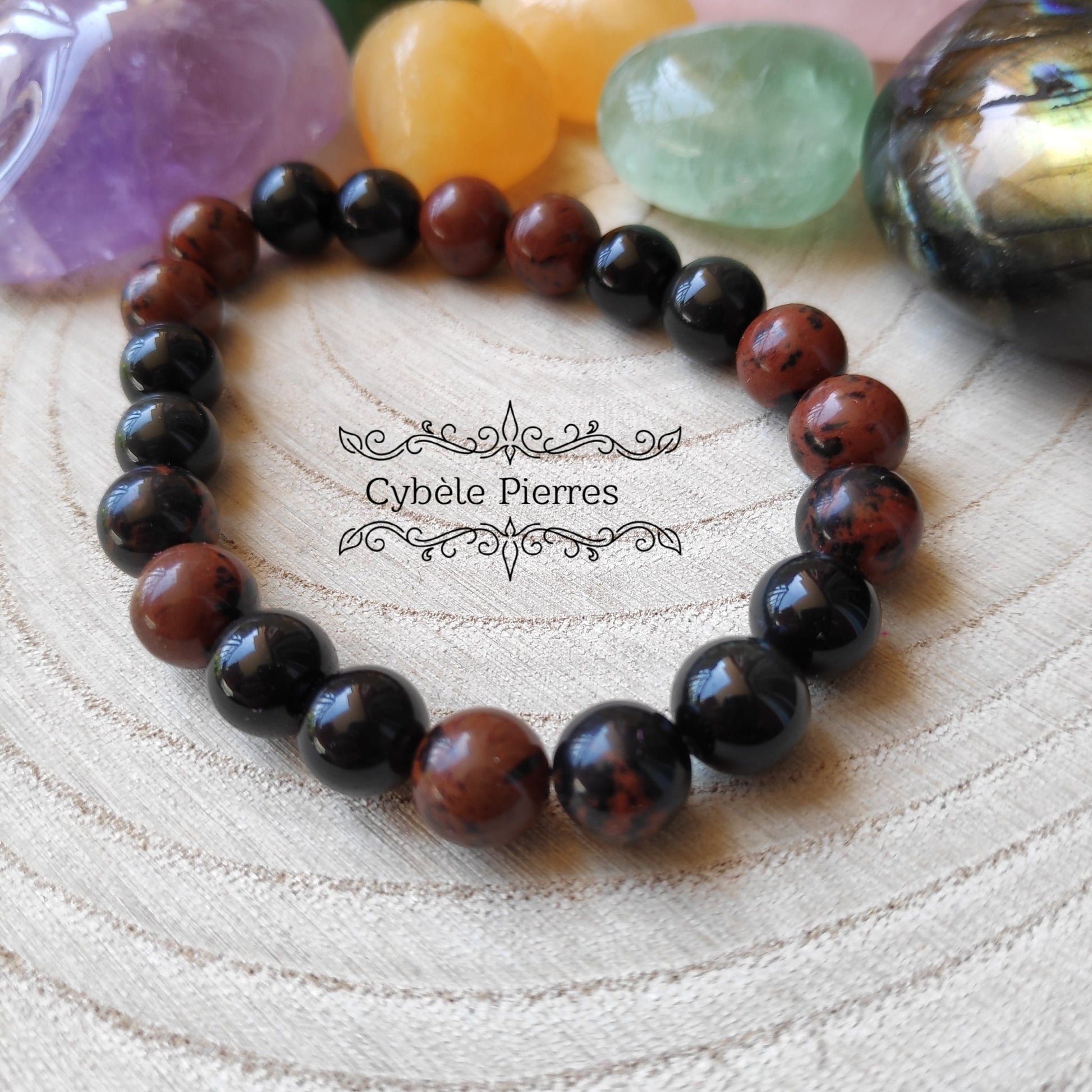 Bracelet Introspection - Obsidienne Acajou et Oeil Celeste (8mm) - 20cm - Cybele Pierres