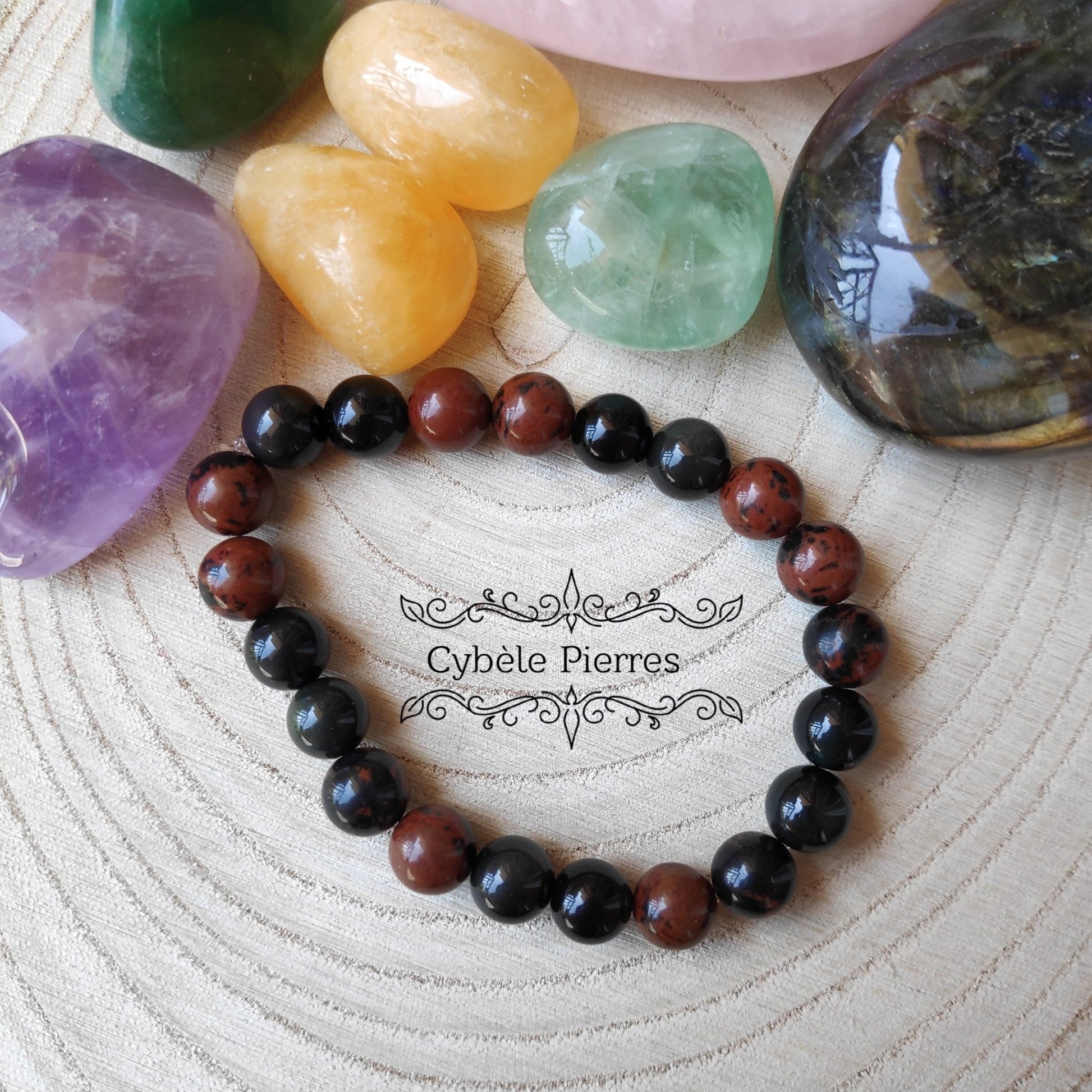 Bracelet Introspection - Obsidienne Acajou et Oeil Celeste (8mm) - 20cm - Cybele Pierres